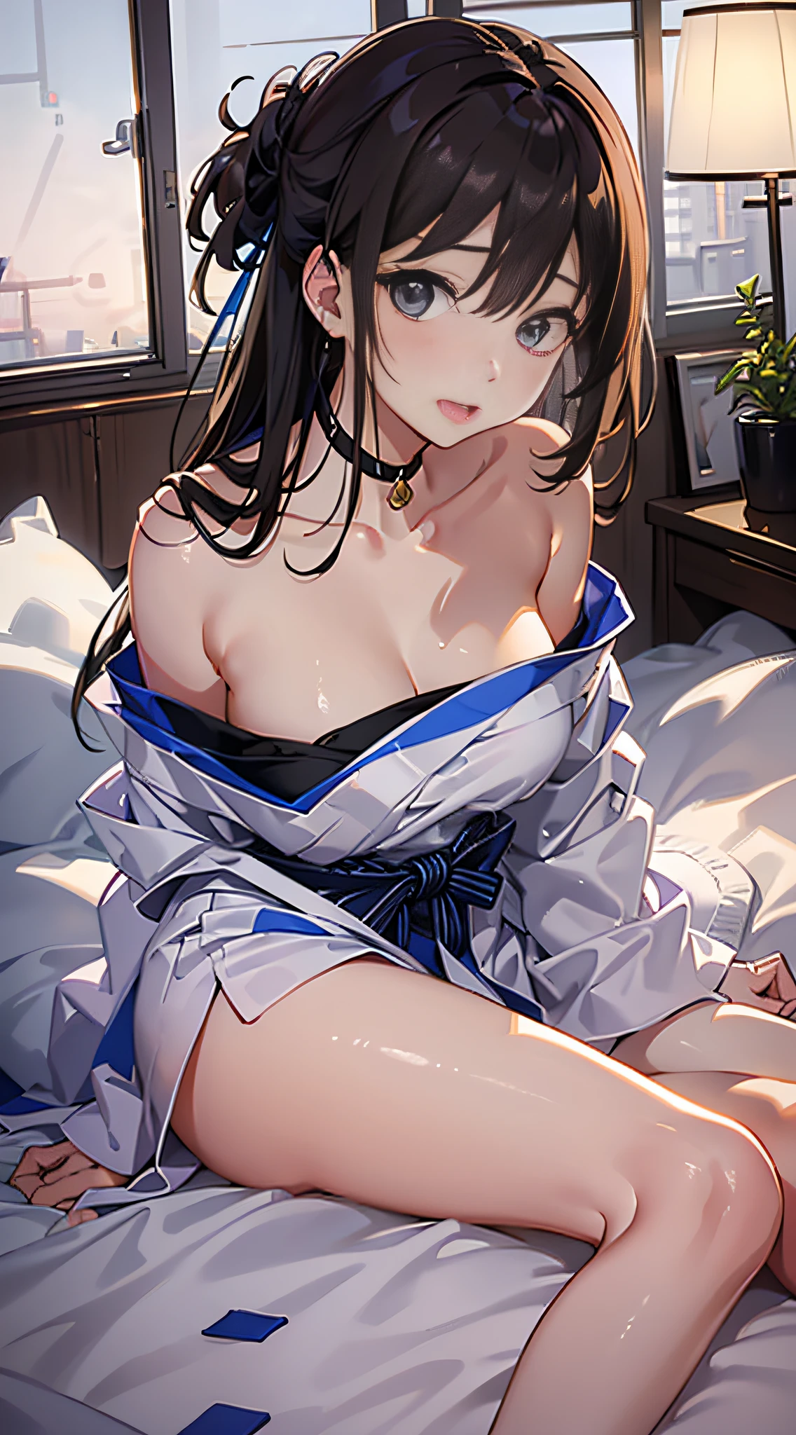 (8K、Raw photography、top-quality、masterpiece:1.2)、Illustration Touch、ultra-detailliert、超A high resolution、1 fair-skinned girl、dark brown hair、Light-colored yukata、Dark indoor、Lying on the futon、full body Esbian、bare shoulders、((No underwear))、(Upbeat cheeks)、(clean legs)、half-opened mouth、moaning、(((closing eye)))