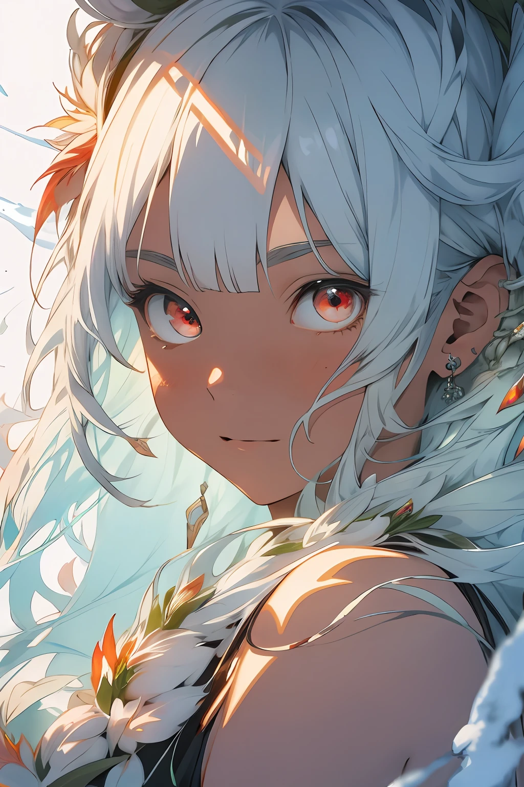 realisticlying,(tmasterpiece,top Quority,best qualtiy,offcial art,Beauty and aesthetics:1.2),The is very detailed,s fractal art,Colorful,Most detailed,zentangle,(abstract backgrounds:1.5)(1boy:1.3),Kamimei,The color hair,long whitr hair,(luminous red eyes),mistic,(magia),Ice and snow,Kizi,((amaryllis,Stone garlic)),Hades,hell