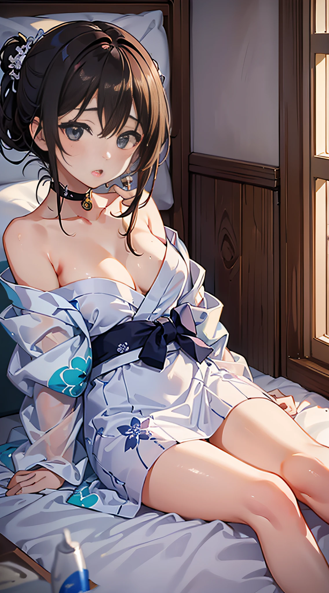 (8K、Raw photography、top-quality、​masterpiece:1.2)、Illustration Touch、ultra-detailliert、超A high resolution、1 fair-skinned girl、dark brown  hair、Light-colored yukata、Dark indoor、Lying on the futon、full body Esbian、bare shoulders​、((No underwear))、(Upbeat cheeks)、(clean legs)、half-opened mouth、moaning、(((closing eye)))