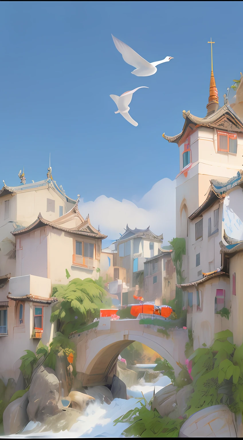Bridge close-up，A bird flies over it, G Liulian art style, arte de fundo, artwork in the style of z.Show on the. gu, Mobile game background, background artwork, Inspired by Yang Buzhi, dreamy Chinese towns, travel poster, inspired by Dong Yuan, scenery art detailed, gta chinatowon art style