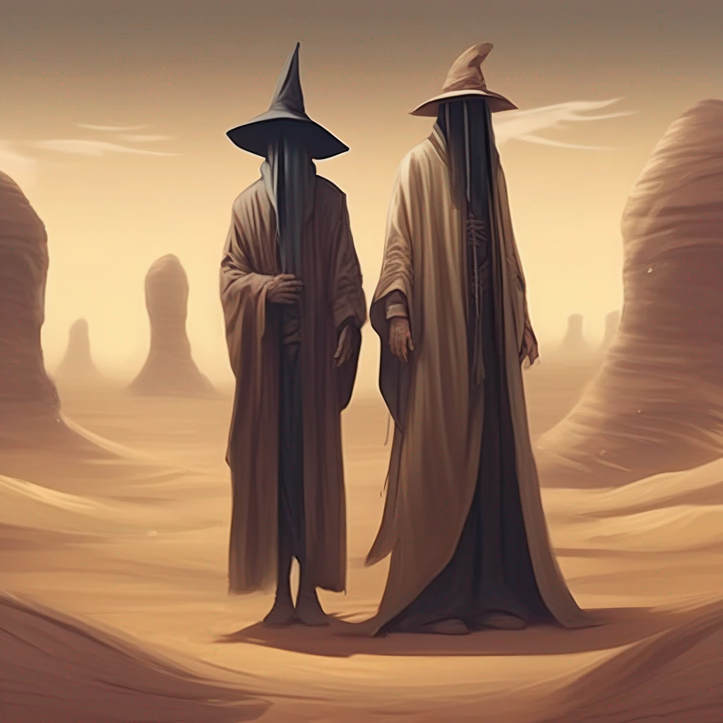 best qualtiy,tmasterpiece,超高分辨率,nigth,A desert,2 men,Wizard in a hat,and the mysterious man,Can't see the face clearly,The two are back to back,Thin stature,tall and straight,