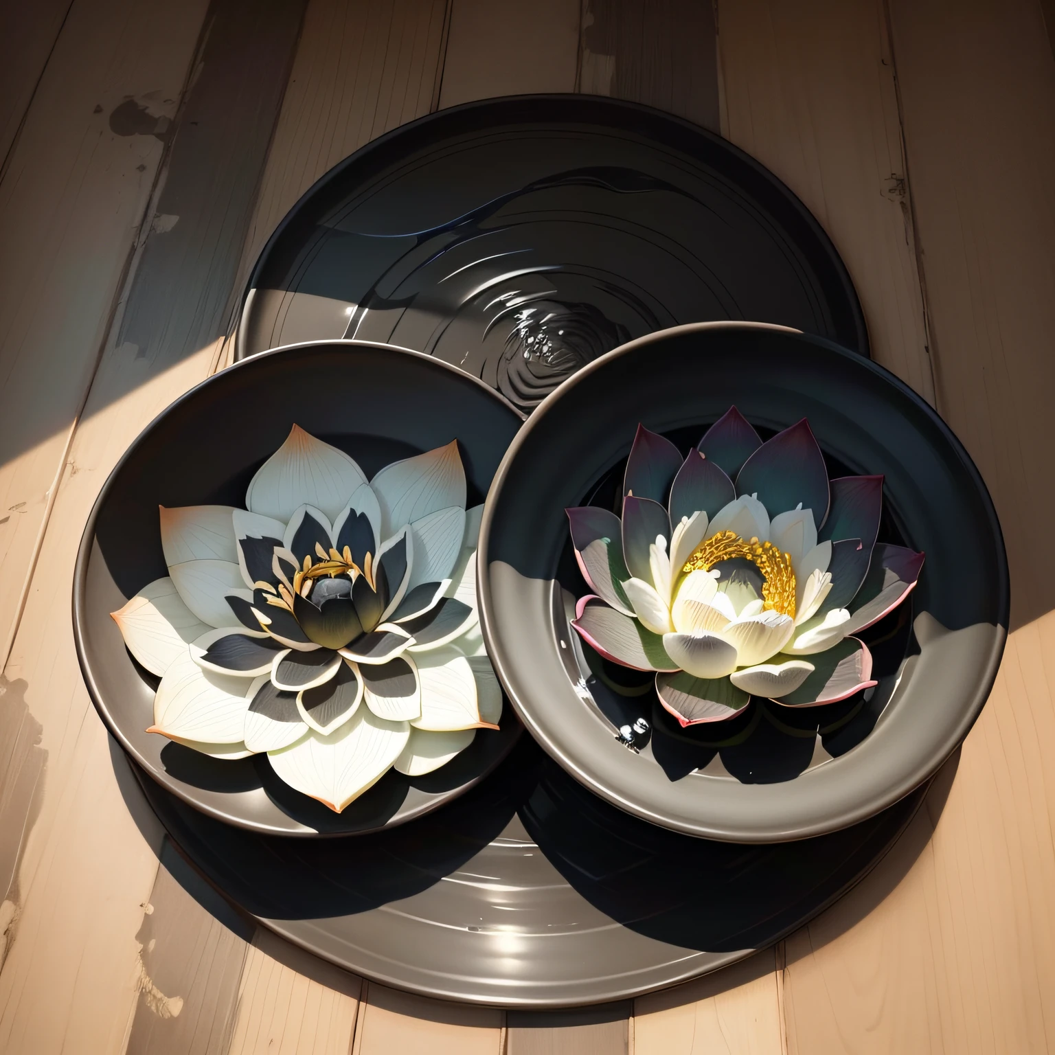 A lotus flower，Two lotus leaves，Traditional chinese painting，water ink，black in color，greys --auto