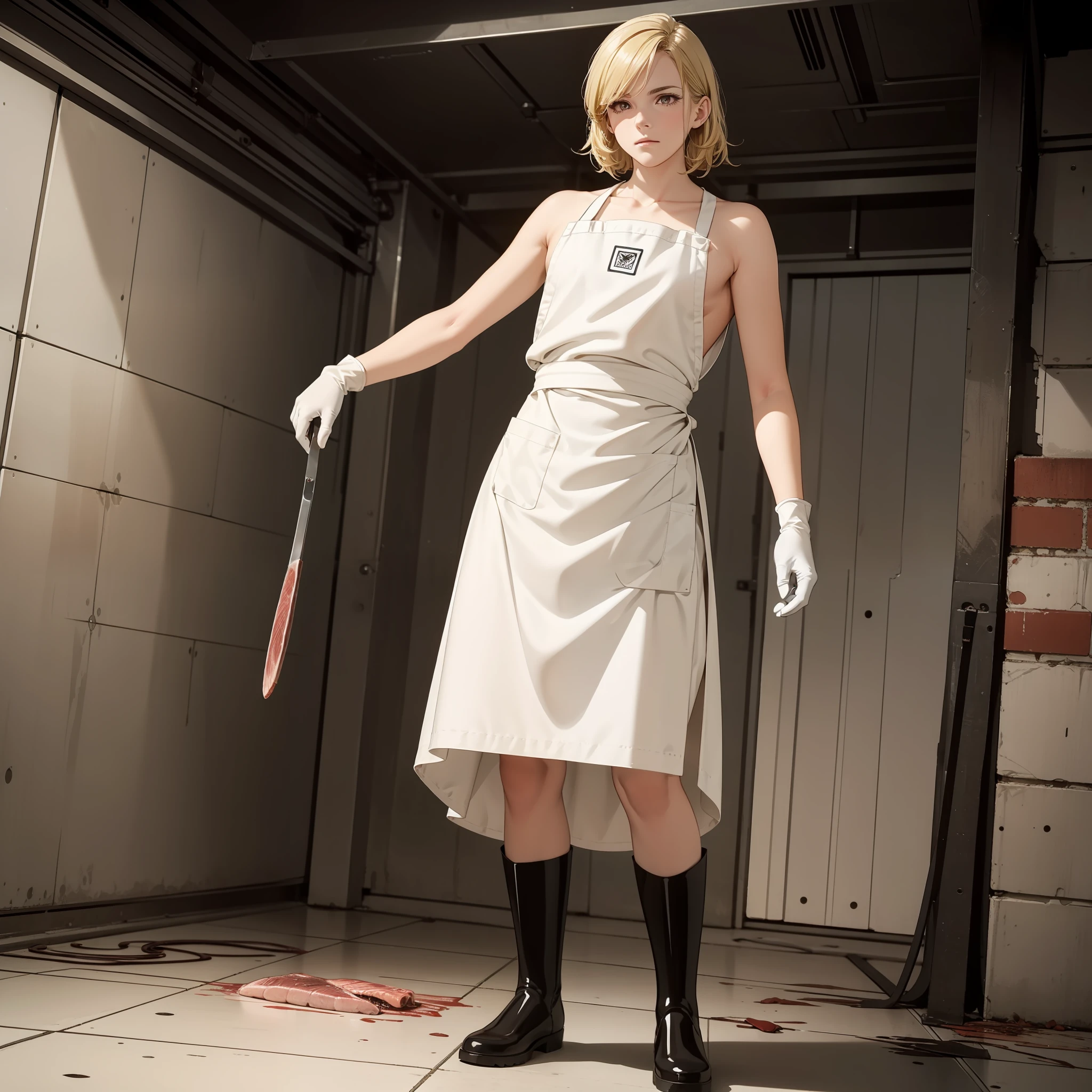 Large-scale slaughterhouses,Pigs dissecting,Internal organs that fell all over the floor,Beautiful blonde female worker, Shoulder-length rubber gloves, Rubber Apron, White knee-length rubber boots,Stand and look down, Drawing from below,Look at him as if he were high and powerful,Stand and look down, Full body view from below,