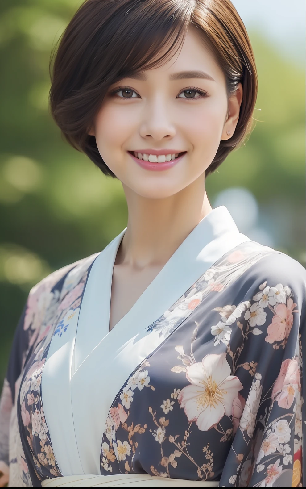 (((top-quality、8k、masterpiece))) 、Crisp focus、Short-cut hairstyles (Beautiful woman with perfect body shape) 、Full body slender、 ((hairstyle on:short-cut)) 、((kimono:with floral pattern))、 Street:1.2 Highly detailed face and skin texture Detailed eyes Double eyelids Random posture、(a smile)、japanes