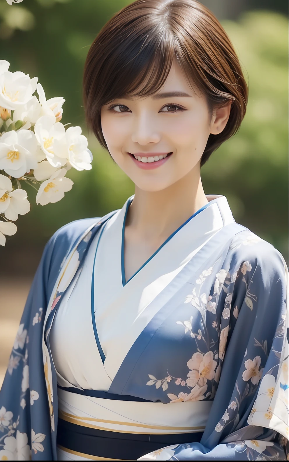 (((top-quality、8k、masterpiece))) 、Crisp focus、Short-cut hairstyles (Beautiful woman with perfect body shape) 、Full body slender、 ((hairstyle on:short-cut)) 、((kimono:with floral pattern))、 Street:1.2 Highly detailed face and skin texture Detailed eyes Double eyelids Random posture、(a smile)、japanes