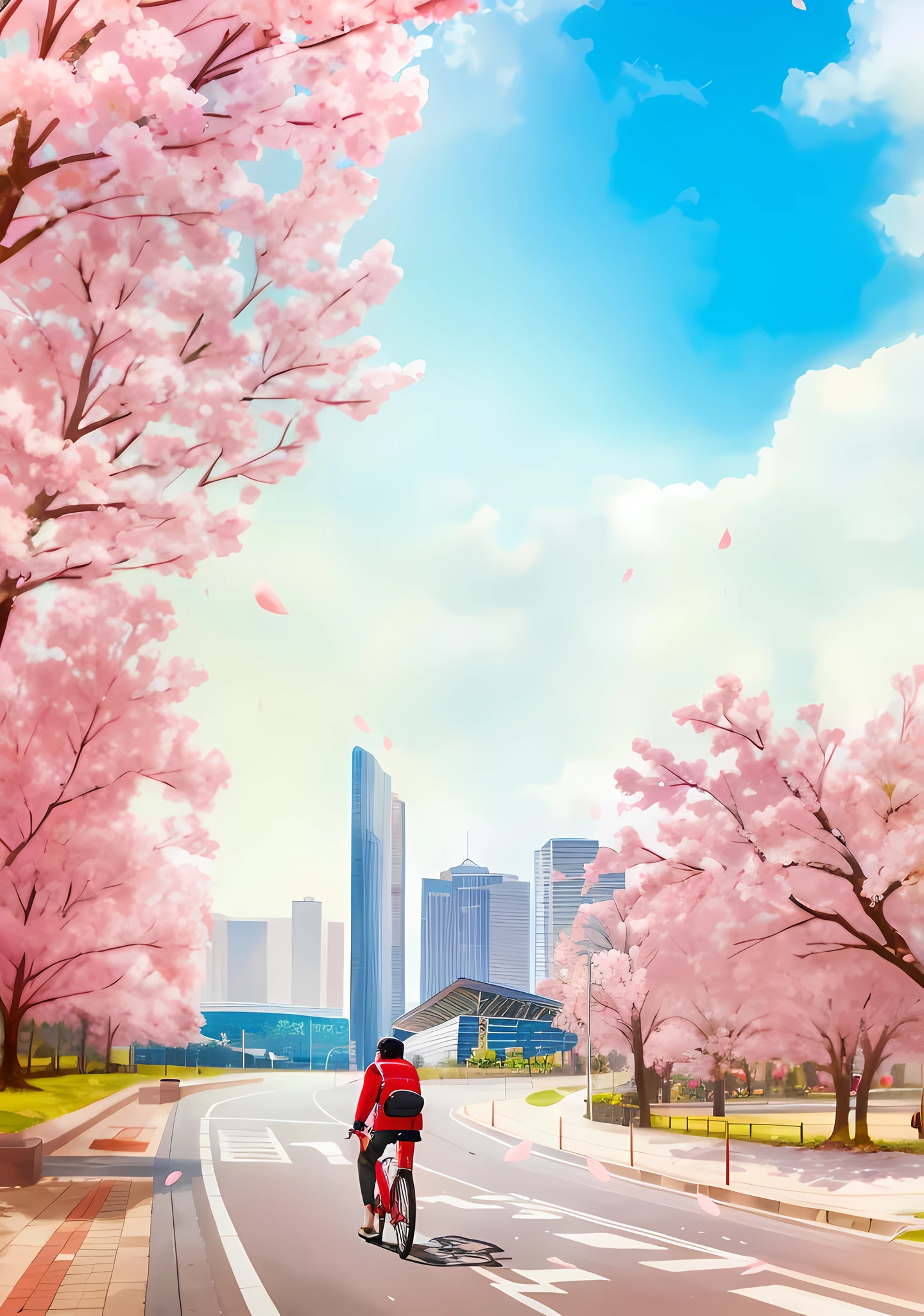 城市，Cherry blossoms blooming on the roadside，Bike traveler，In the daytime，with blue sky and white clouds，Works of masters，high high quality，high detal