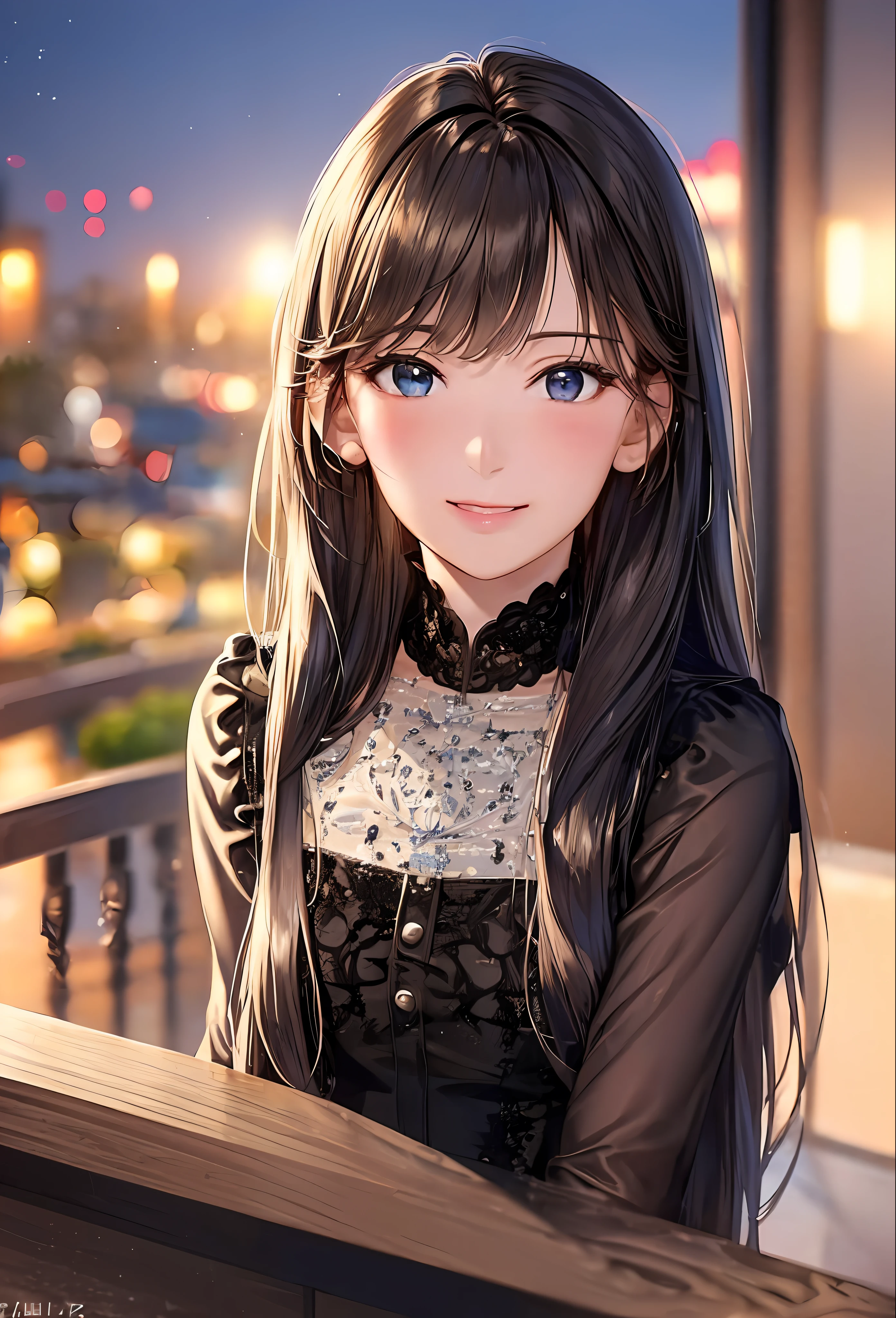 (8k, top quality, masterpiece: 1.2), (realistic, photorealistic: 1.37), super detailed, girl single, cute, solo, midnight, beautiful detailed sky, detailed café, sitting, date, (blush), (smile: 1.15), small breasts (mouth closed), beautiful fine eyes, floating hair NovaFrogStyle, back open dress