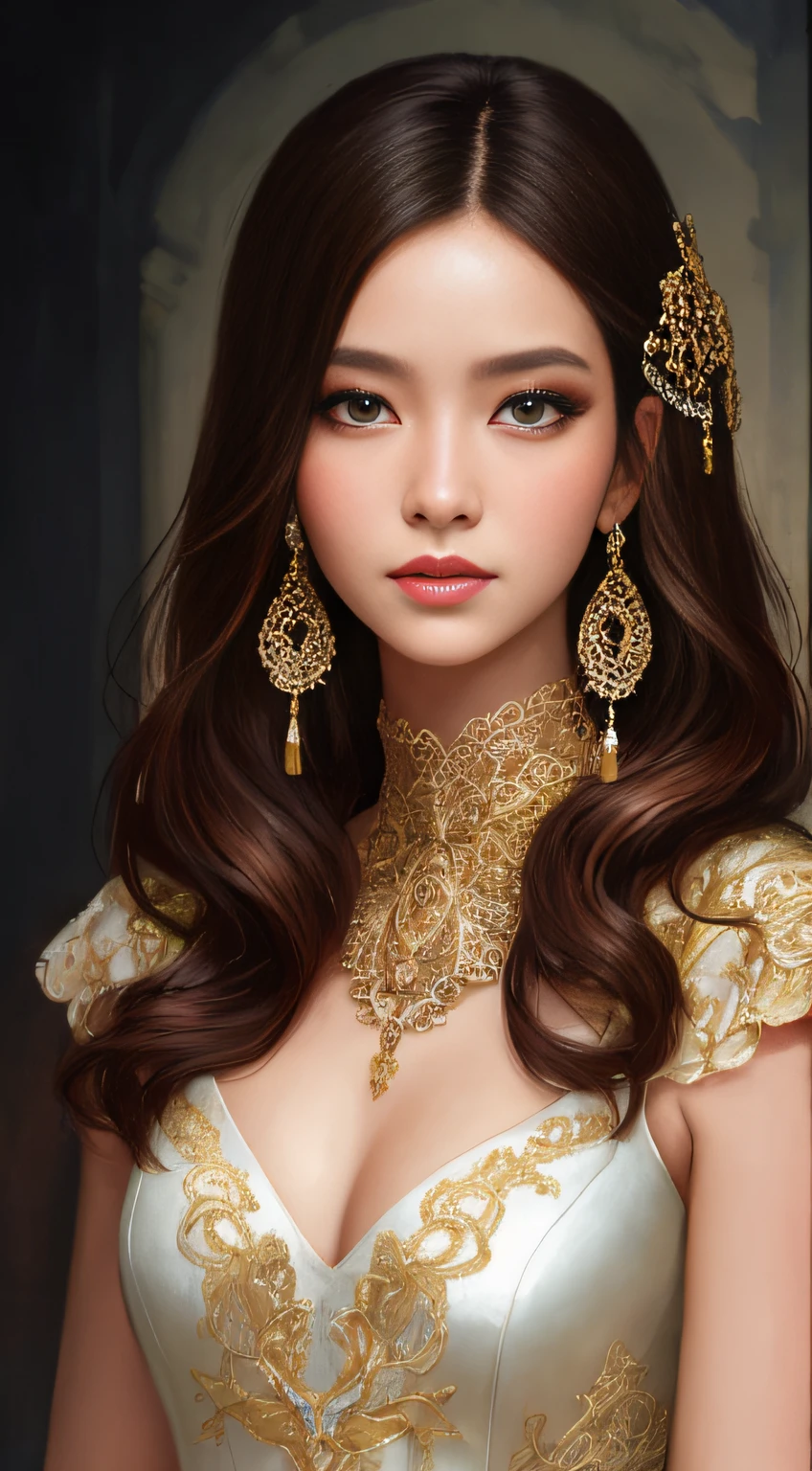 8k portrait of beautiful cyborg with brown hair，iintricate，ellegance，Highly meticulous，A majestic，Digital photography，Art germ and art by Nguyen Jia and Greg Rutkowski Surrealist painting filigree，brokenglass，（tmasterpiece，Sideslit，exquisite and beautiful eyes：1.2 ), Human Development Report,