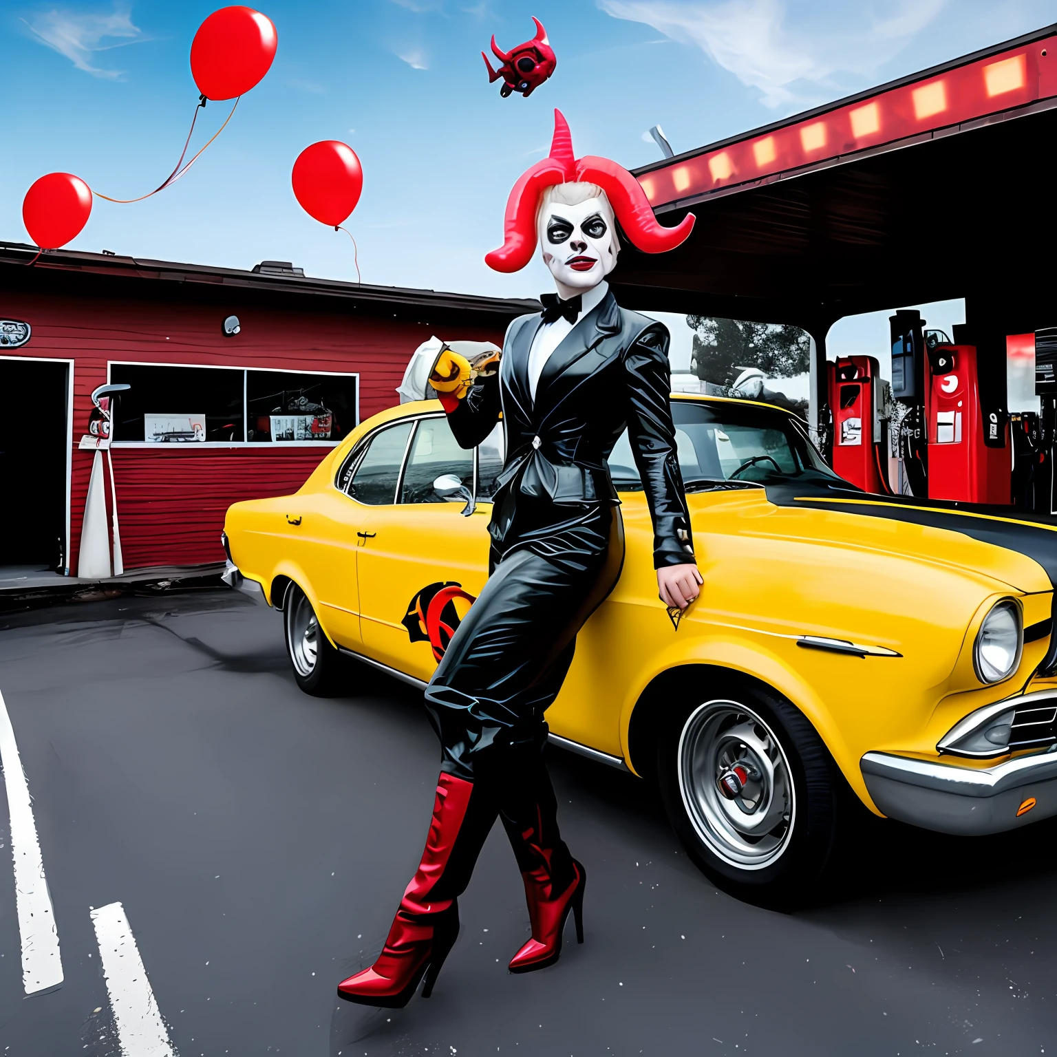 Lady Gaga smiling, holding a pistol, dressed as the joker character from the Batman movie directed by filmmaker Tim Burton, Robert de Niro as the devil from the movie The Devil's Advocate, wearing black leather suit and yellow eyes, with red horns, vintage city, blue sky, white clouds, sunny day, old and red cars on a gray road with yellow vertical stripes,  an old gas station on fire, children's balloons flying by the image, a devil man with red skin and horns, wearing, holding a grenade, full body image, best quality, masterpiece, high resolution, 8k, hyper-realistic image, professional photo, realistic image, full body view, bottom-up angles