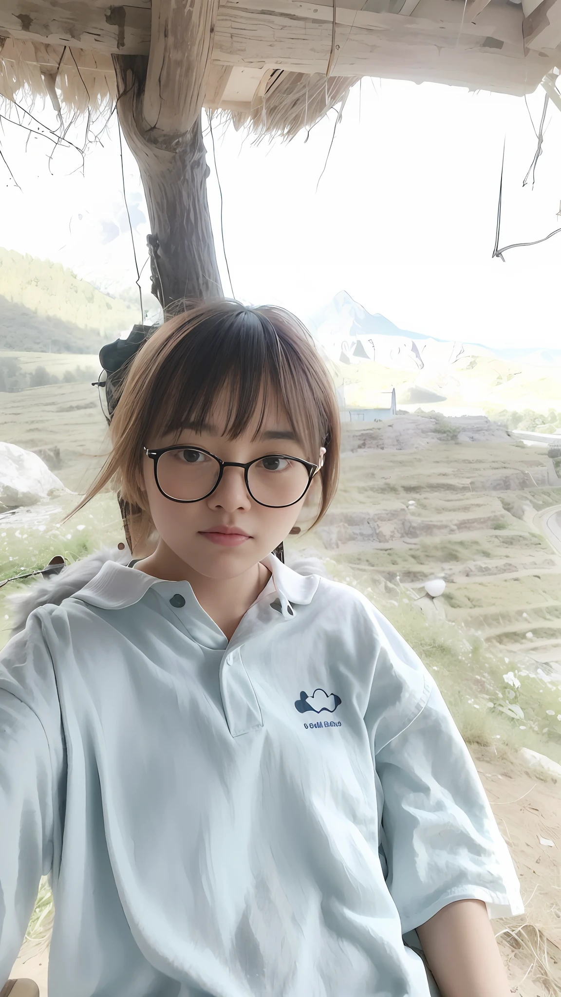 there is a woman sitting in a chair with a cat, in mountains, with glasses, with mountains in the background, xintong chen, dang my linh, with mountains as background, with mountains in background, 1 8 yo, wenfei ye, with short hair, lofi girl, inspired by Leng Mei, with earth in the background, chengyou liu