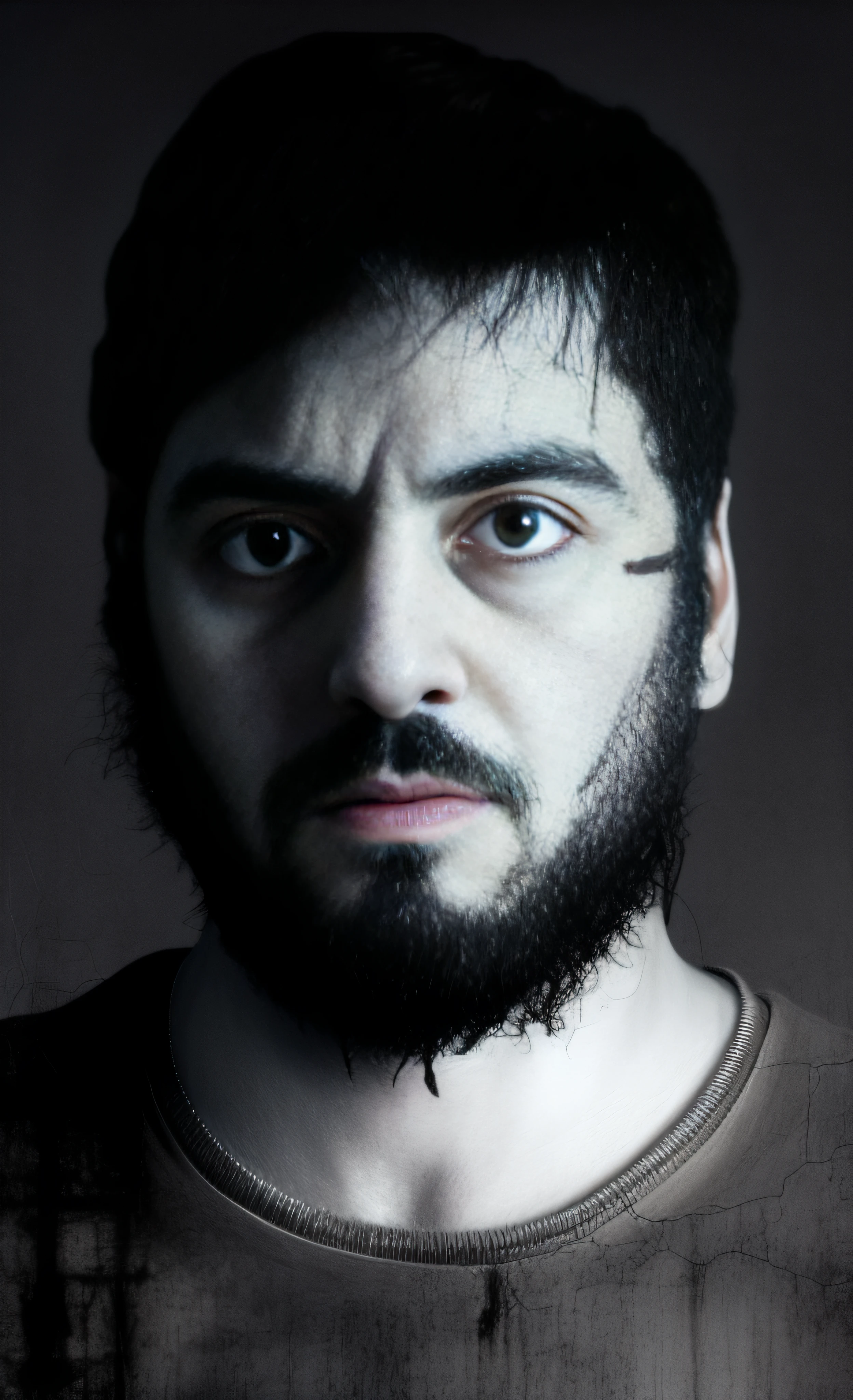 homem arafed com barba e bigode com fundo preto, Aykut Aydogdu, inspirado em Pietro Testa, dramatic portraiture of uuen, a close-up portrait of a demonic monster with black scales that invokes fear, d &amp; d, fantasy scenery, ambiente de terror, morbid colors, dark ilumination, atmospheric, cinemactic, temperamental, no estilo de diego koi, gina heyer, luiz escanuela, arte por alyssa monk, profundidade, hiper-realismo, thirds rule, proportion Aurea, oil on the canvas, 8k, inspired by Mikoláš Aleš, uma foto de um homem desgrenhado, real life photo of a syrian man, Retrato de Guts de Berserk, a man Horrifying dark art style, portrait full face painting of a rotting, creepy, scary zombie, halloween ultra realistic, concept art, intricate details, eerie, highly detailed, photorealistic, octane render, 8 k, unreal engine. art by artgerm and greg rutkowski and alphonse mucha