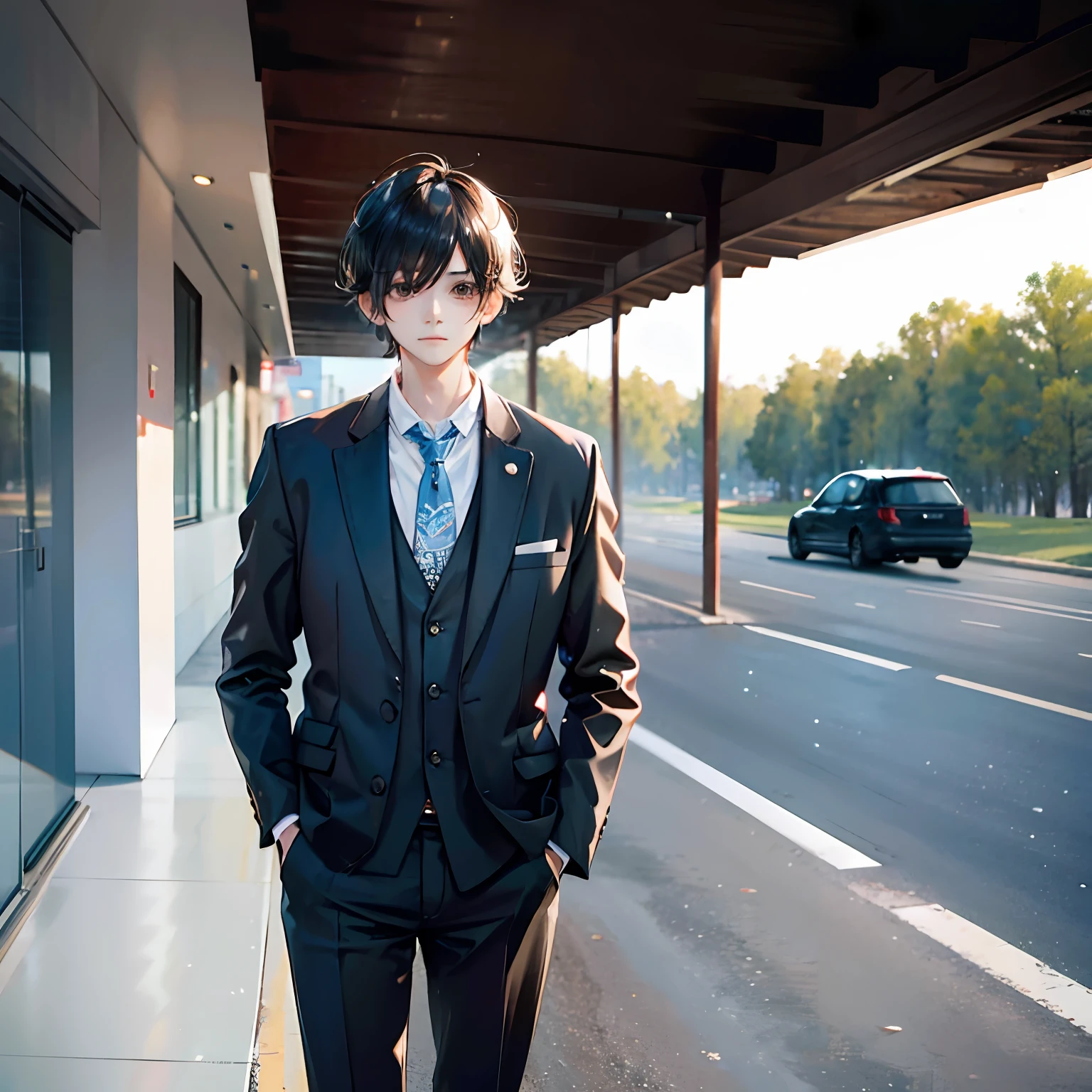 A boy，50yearsold，Short black hair for three and seven points，Brown eyes，dressed in a suit，On the road