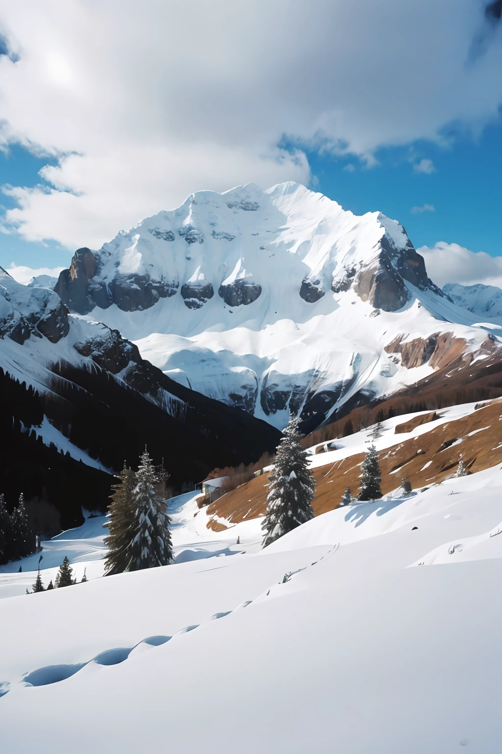 Snowy mountains, snowy and cloudy
