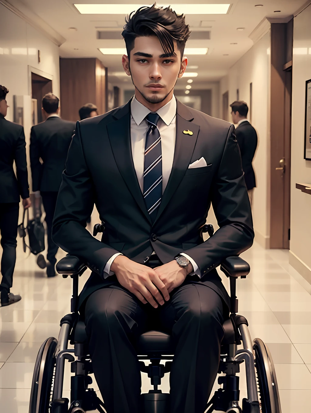 Real Human，Handsome guy in suit wheelchair，Both brothers are in wheelchairs，height is 180 cm，High paraplegia，Loss of sensation from the chest down，Life cannot take care of itself，Young and handsome，Slim figure，The older brother wears a striped suit，The younger brother wears a casual suit --auto