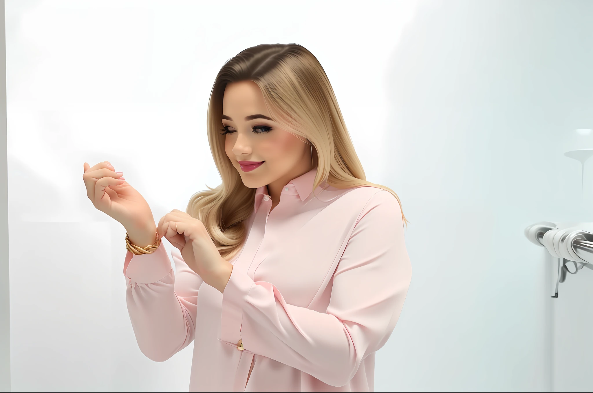 Barbie, mulher de 40 anos com roupa rosa da Barbie, blusa rosa, camisa rosa