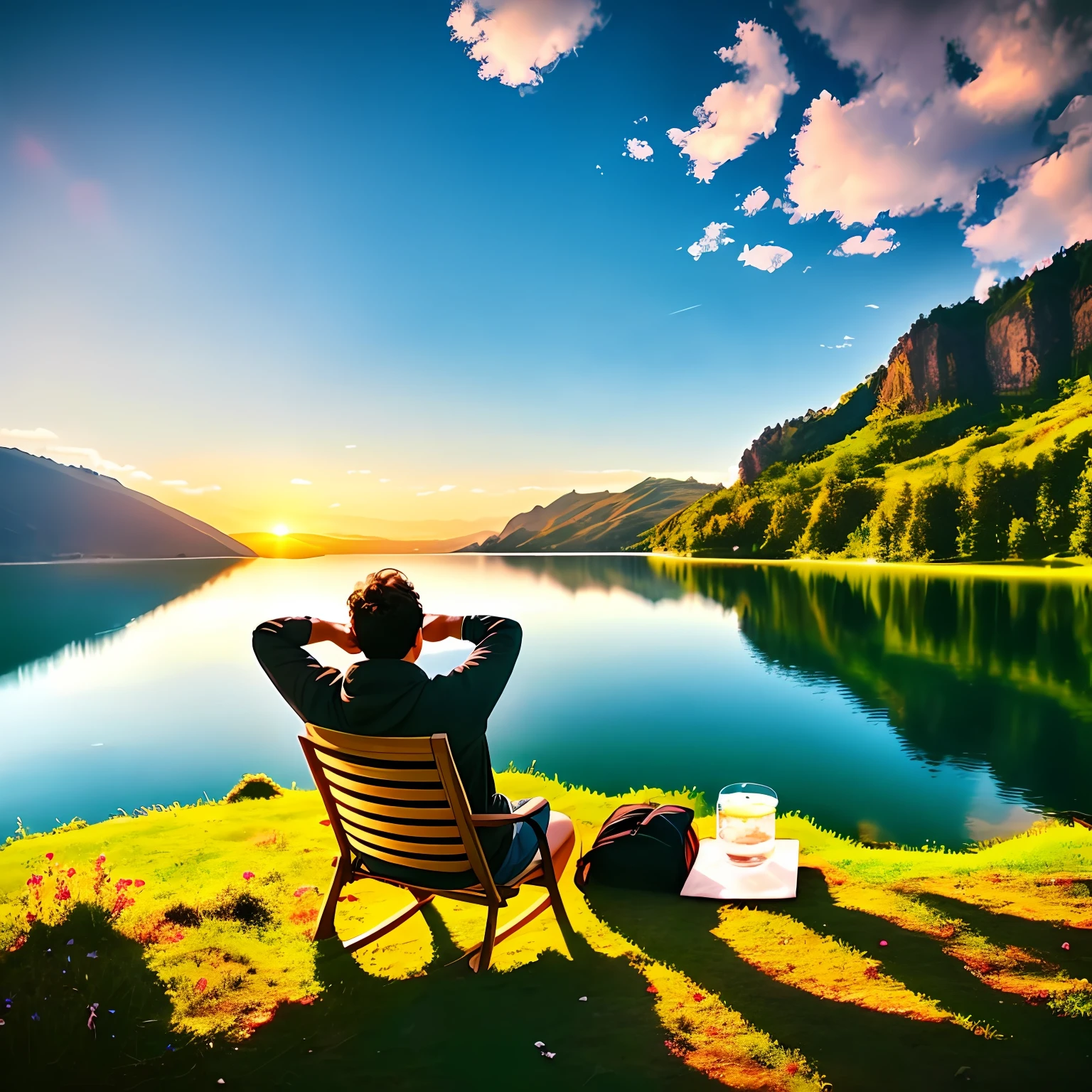 There was a man sitting in a chair on the mountain,Overlooking the lake, sentado em frente a um lago, chill time. Good view, lonely scenery yet peaceful!!, perto de um lago, by Muggur, sittinng on the river, stunning nature in background, epic scenic shot, Beautiful place, Beautiful environment, in a scenic environment, sitting relax and happy --auto