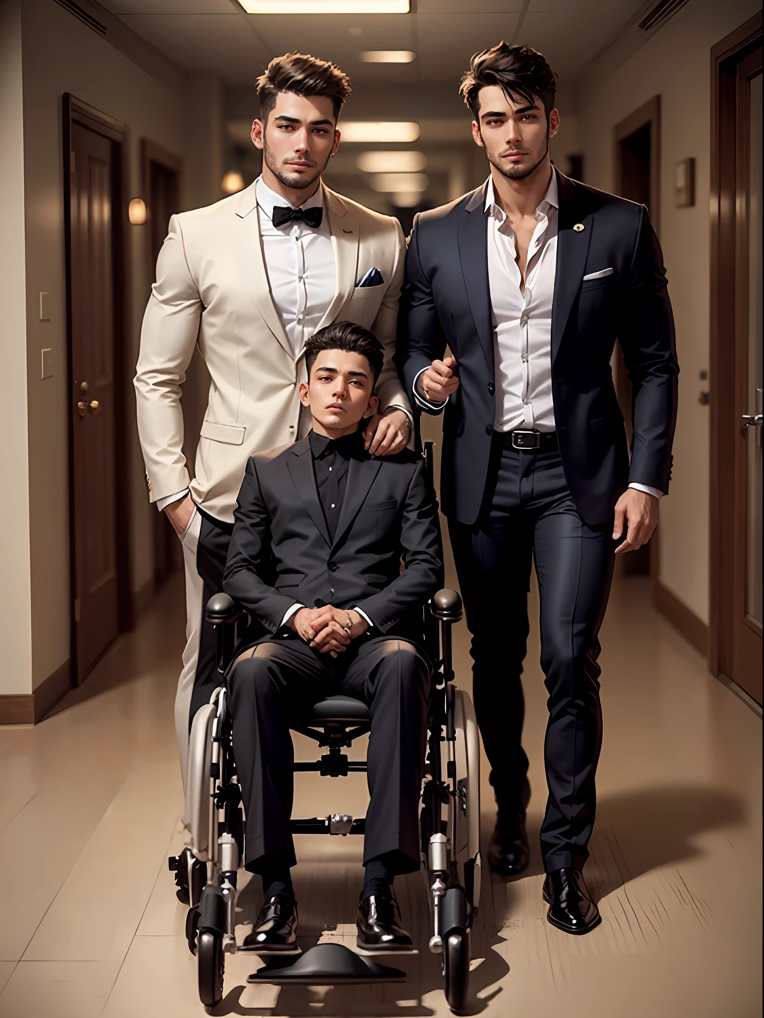 Real Human,Handsome guy in suit wheelchair,Both brothers are in wheelchairs,height is 180 cm,High paraplegia,Loss of sensation from the chest down,Life cannot take care of itself,Young and handsome,Slim figure,The older brother wears a striped suit,The younger brother wears a casual suit --auto