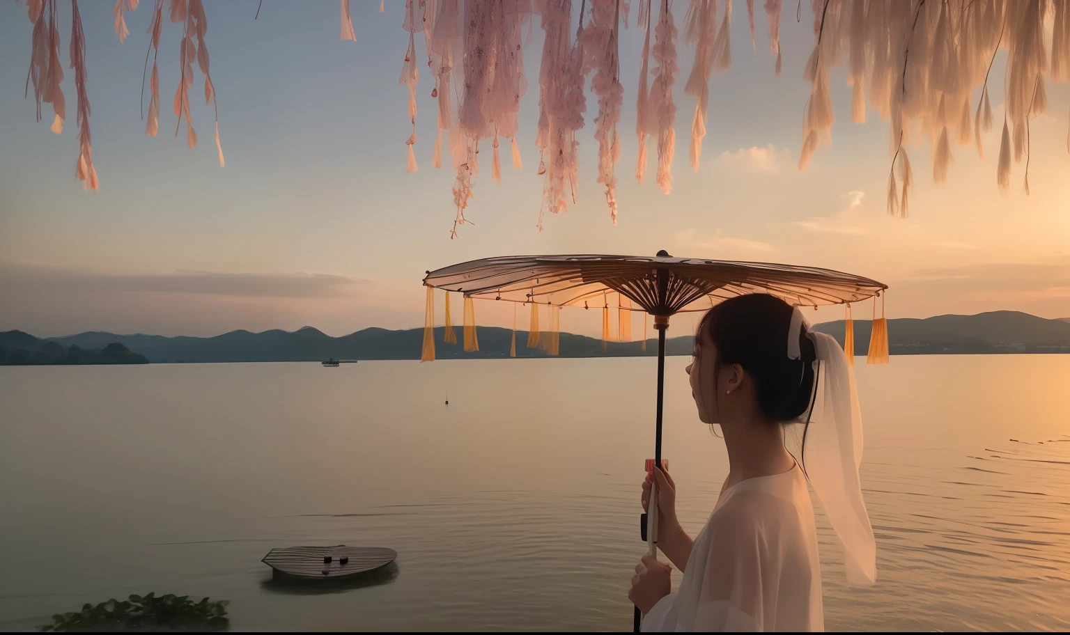 There was a woman holding an umbrella by the lake, Hangzhou, inspired by Li Di, panoramic view of girl, inspired by Weiwei, queen of the sea mu yanling, eye - level view, inspired by Zhang Xuan, inspired by Qian Du, in the middle of a lake, inspired by Ma Yuanyu, Lake in the background