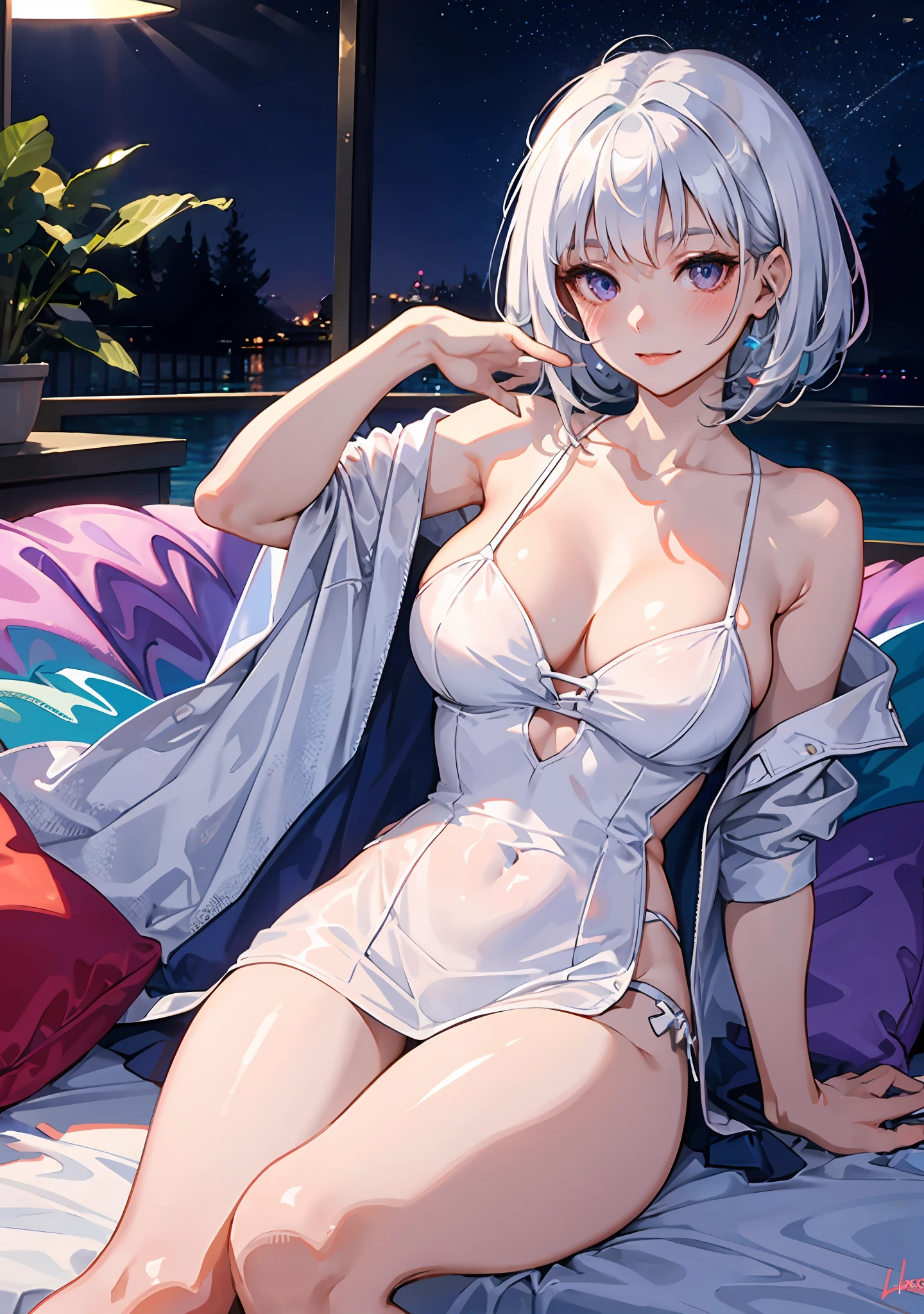 Point of view, 1girl, white hair, purple eyes, bob cut, wavy hair, average breasts, blush, light smile, glow, thighs, bare shoulders, collarbone, narrow waist, cleavage, (masterpiece),(oversized white t-shirt, no pants), (beautiful detailed face, beautiful detailed eyes), bedroom, night time, seductive expression, seductive eyes, ahegao, lustrous