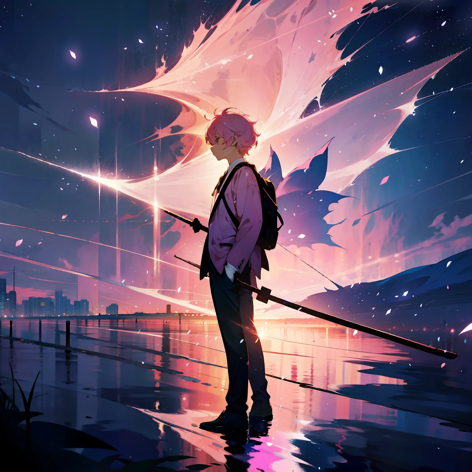 Illustration style,Anime characters,Full body like,Full body illustration,baby pink hair,short detailed hair,Handsome man,bookbag,River side,rays of moonlight