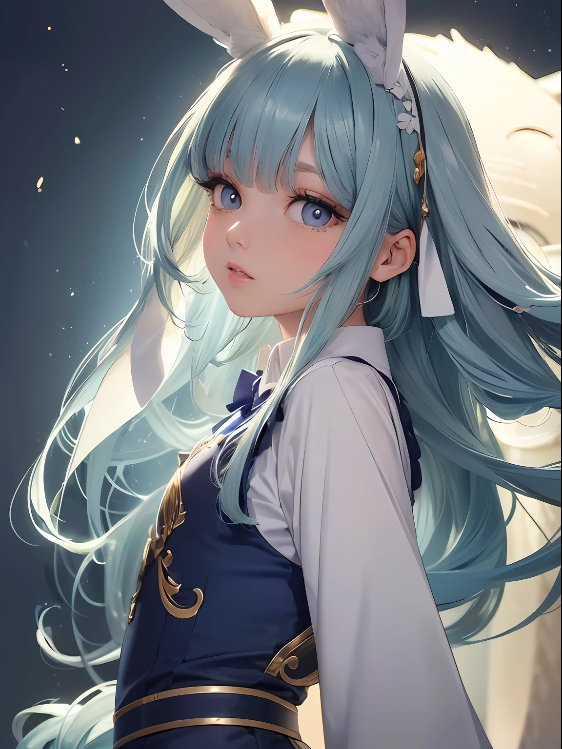 Girl with a rabbit in her arms、beautiful countenance、The shirt、Short pants、((bunny rabbit))、((Long Focus)) ,(masutepiece: 1.2, Best Quality), (beautiful eyes finely detailed: 1.2),  (Finely detailed eyes and detailed face with long eyelashes:1.3),  (beautiful and clear background: 1.2),futuristic costume,  fantastic painting, Niji Journey,