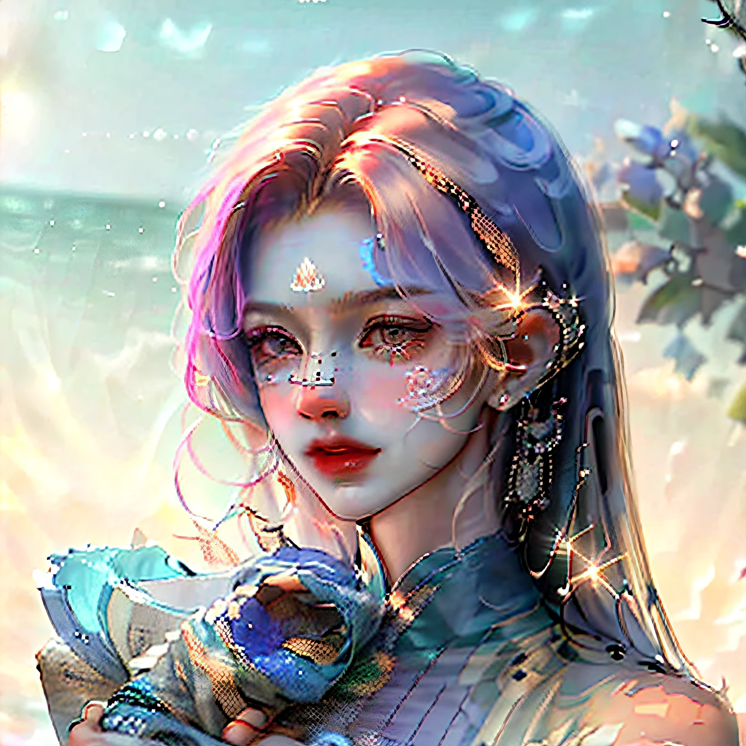 {best qualityer}, {{tmasterpiece}}, {Extremely Delicately Beautiful},Excellent light and shadow,Extremely detailed wallpapers,Clear and bright sunlight,head portrait,1girll,,Blushlush,Shortwave hair,Strong sunshine,,blue-shirt,Business suit,Blue half-finger gloves,Exquisite Hair,authentic skin texture,droopy bosom,Clear pores and skin wrinkles,Wide shoulders,janelas,((Strong light shines on the face)), The upper part of the body, --auto