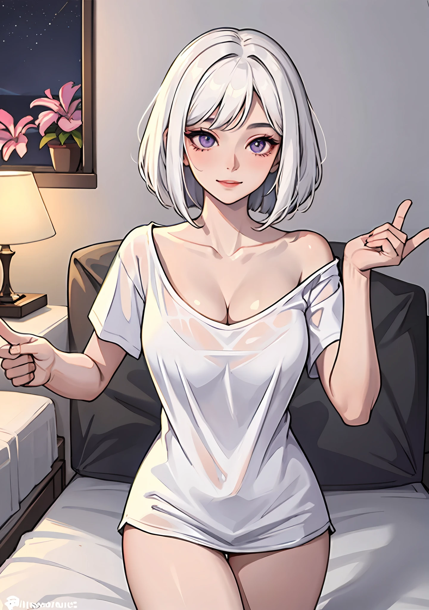 Point of view, 1girl, white hair, purple eyes, bob cut, wavy hair, average breasts, blush, light smile, glow, thighs, bare shoulders, collarbone, narrow waist, cleavage, (masterpiece),(oversized white t-shirt, no pants), (beautiful detailed face, beautiful detailed eyes), bedroom, night time, seductive expression, seductive eyes, ahegao, lustrous