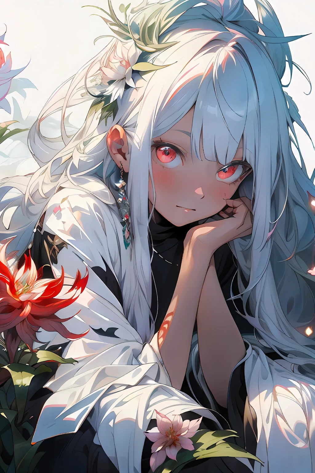 realisticlying,(tmasterpiece,top Quority,best qualtiy,offcial art,Beauty and aesthetics:1.2),The is very detailed,s fractal art,Colorful,Most detailed,zentangle,(abstract backgrounds:1.5)(1boy:1.3),Kamimei,The color hair,long whitr hair,(luminous red eyes),mistic,(magia),Ice and snow,Kizi,((amaryllis,Stone garlic)),Hades,hell