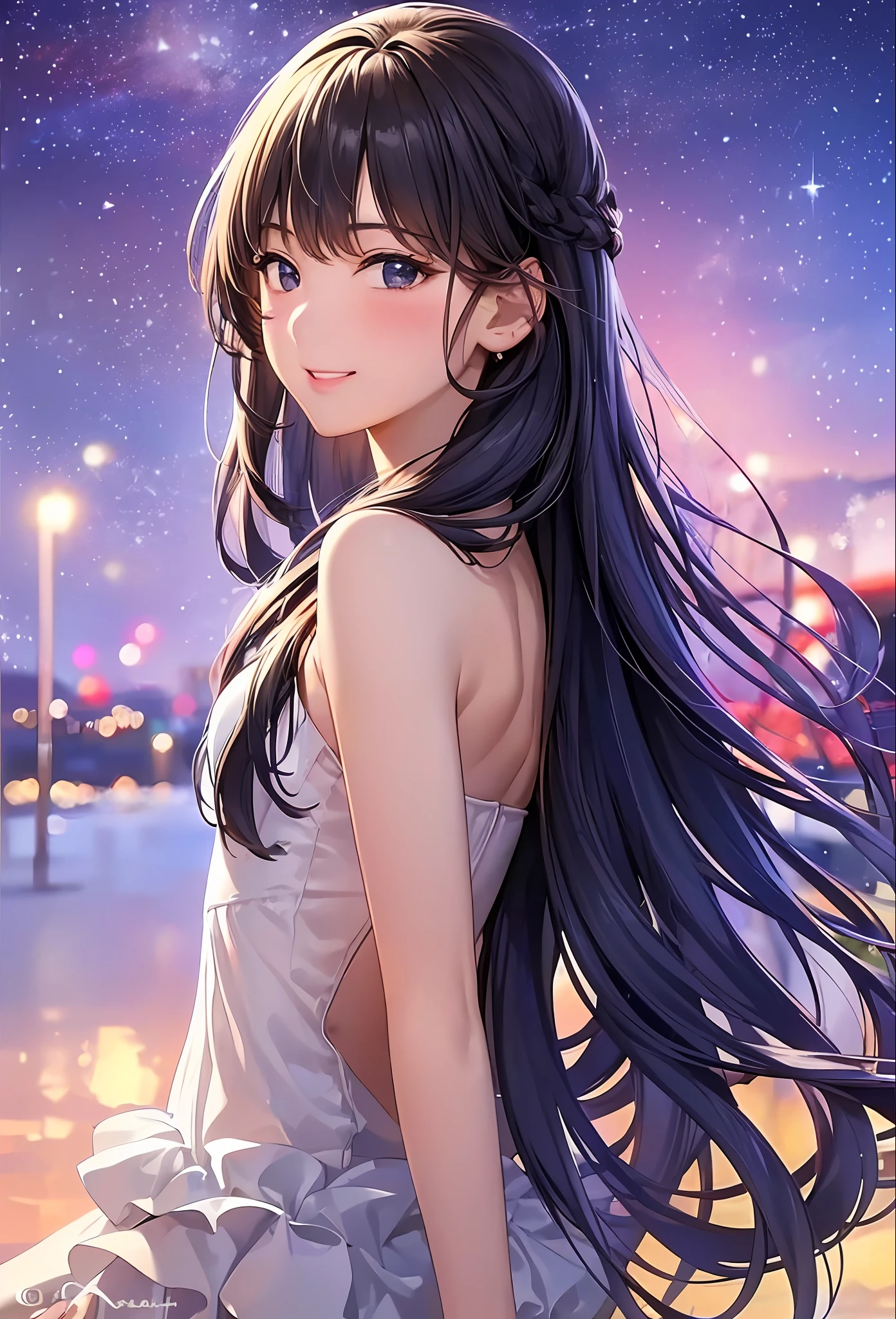 (8k, top quality, masterpiece: 1.2), (realistic, photorealistic: 1.37), super detailed, girl single, cute, solo, midnight, beautiful detailed sky, detailed café, sitting, date, (blush), (smile: 1.15), small breasts (mouth closed), beautiful fine eyes, floating hair NovaFrogStyle, back open dress