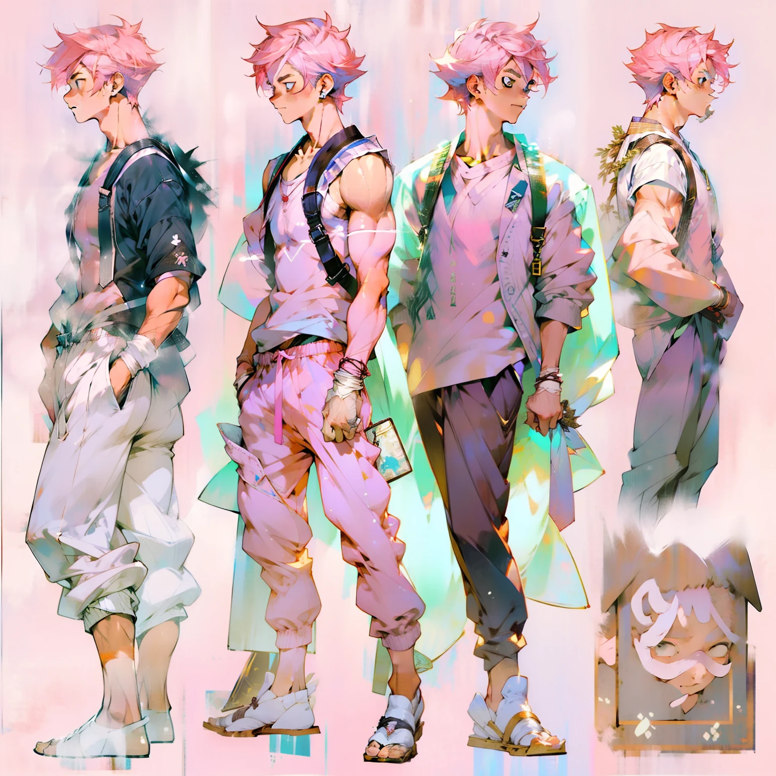 Illustration style，Anime characters，Full body like，Full body illustration，baby pink hair，Handsome man，bookbag，独奏，musculature，Handsome