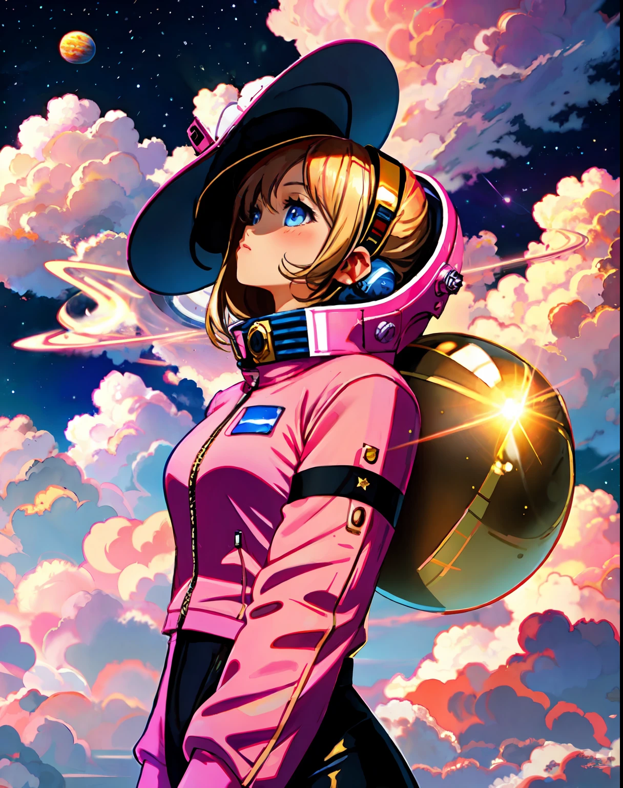 space cadet girl, chrome golden suit,  pink clouds, landscape