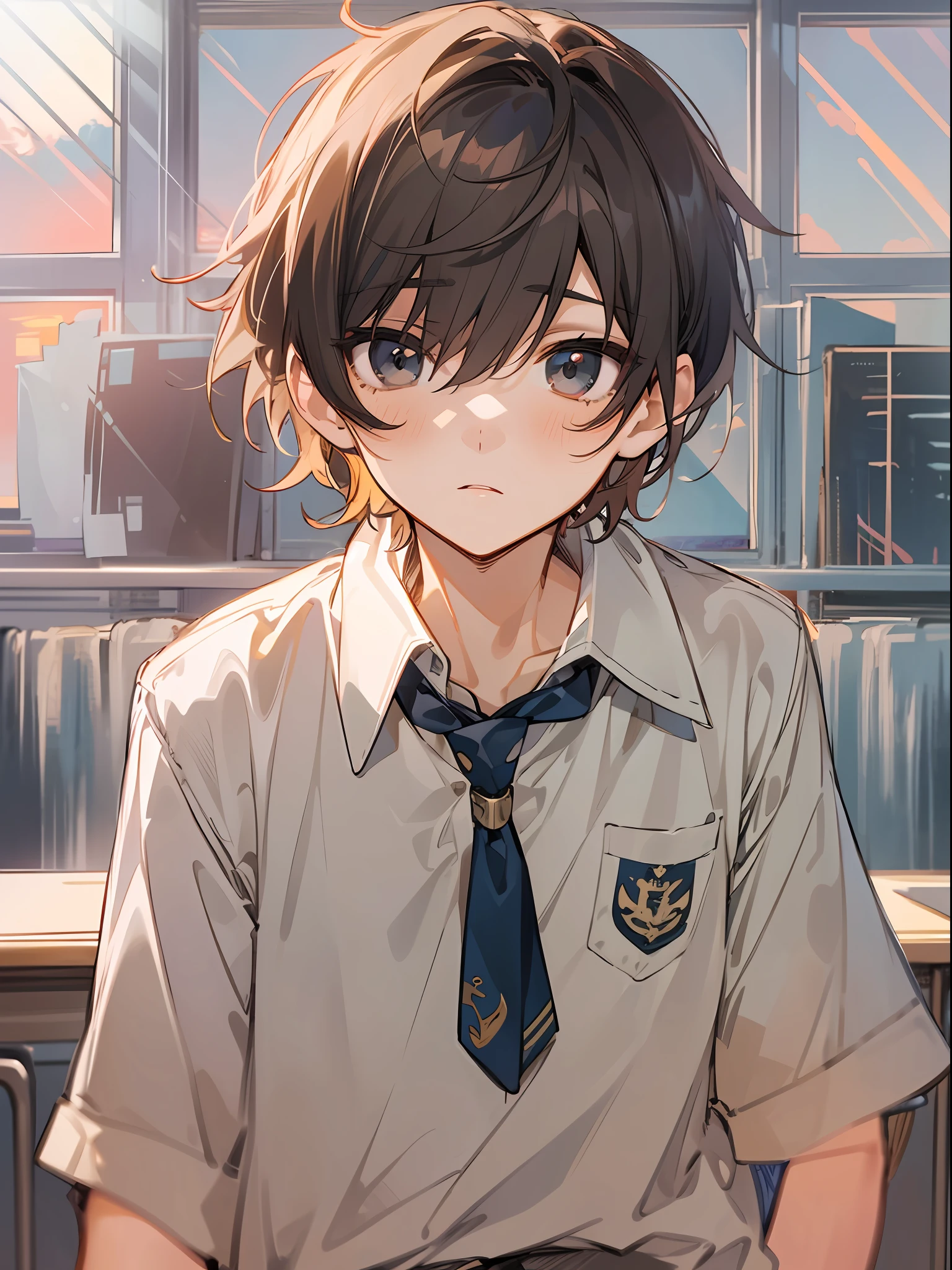 1boy,navy brown medium hair,black eyes,cool,school uniform,classroom,sunset,best quality++,beautiful eyes++,beautiful hair,black tone
