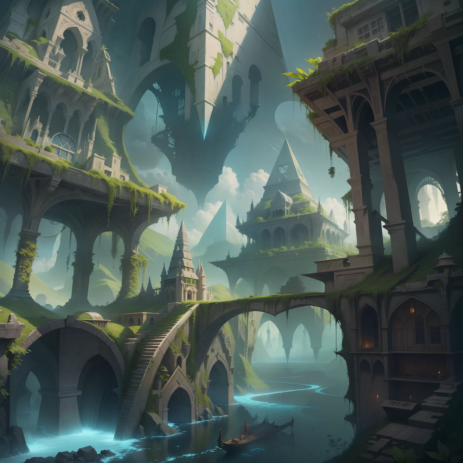 Inverted pyramid,Inverted triangle,Landscape concept art, Sky gardens, Ancient magic,overgrown ruins, fantasy architecture, Floating palace, environment design illustration, 8K, Elven architecture