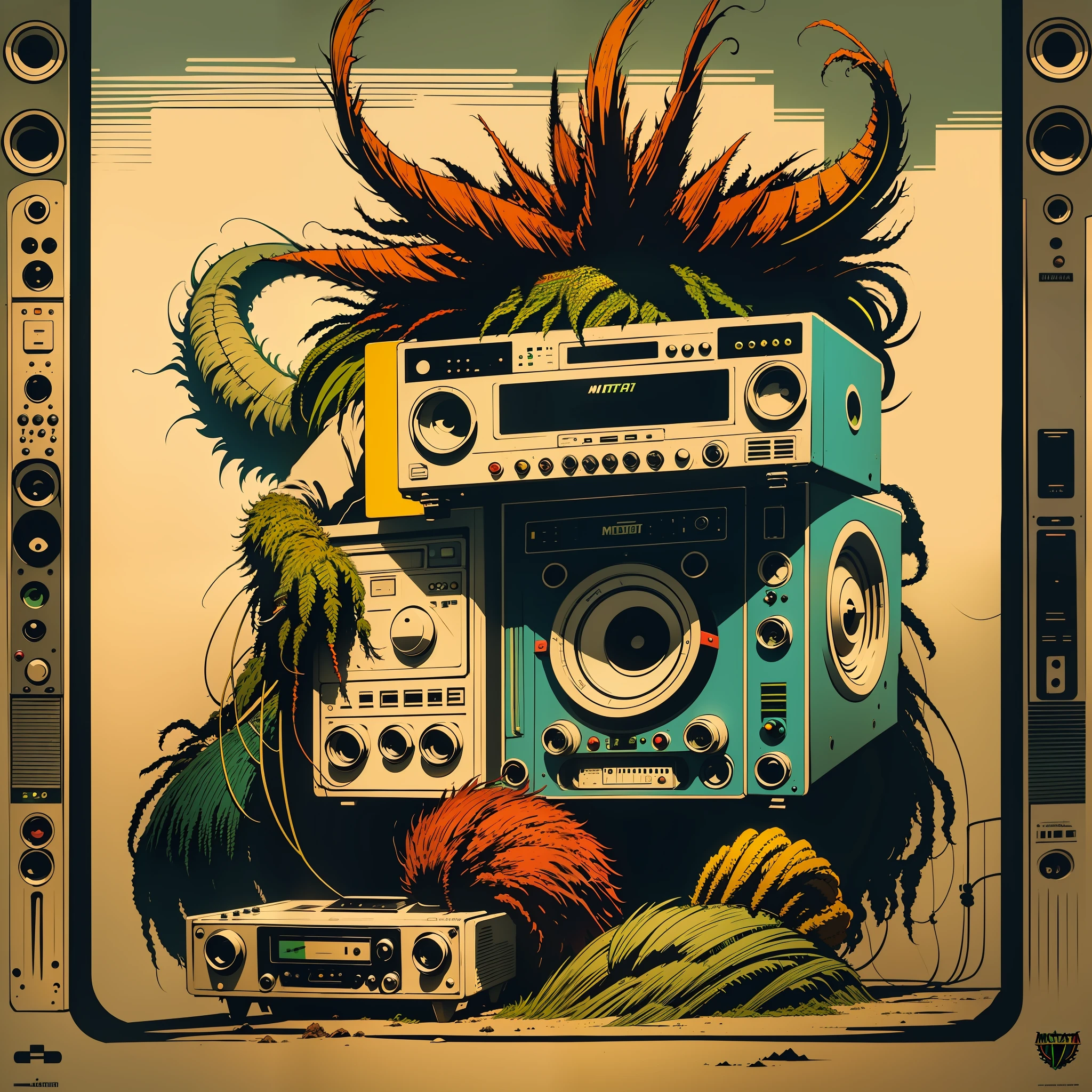 a ((((([rasta monster])))))), ( full body shot) holding a boombox, ghetto blaster, big ghetto blaster, tape deck, lofi hip hop, audio equipments, cassette, retro technology, nostalgic vibes, 1 9 6 0 s tech, radios, vintage, the 6 0 s, propaganda Poster style, Poster design, poster art style. 1970s, 1950s, 1960s, Very colourful poster, colour art, thirds rule, inspiring, 1970, lofi hip hop, high quality artwork, artwork, poster art style, promotional artwork, hiphop, 1 9 th, print, high quality wallpaper, poster artwork, style of shepherd fairey, in a retro or vintage style, reminiscent of classic advertisements or posters. Use warm and muted colors, capturing the nostalgic feel of vintage artwork, bird's eye view