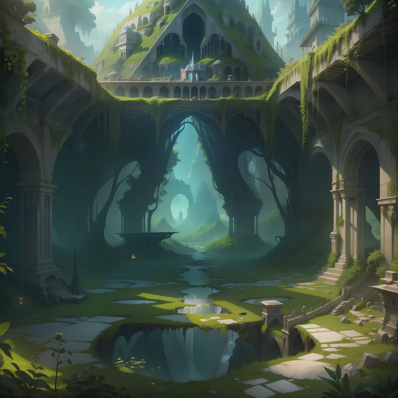 Inverted pyramid，Inverted triangle，Landscape concept art, Sky gardens, Ancient magic，overgrown ruins, fantasy architecture, Floating palace, environment design illustration, 8K, Elven architecture