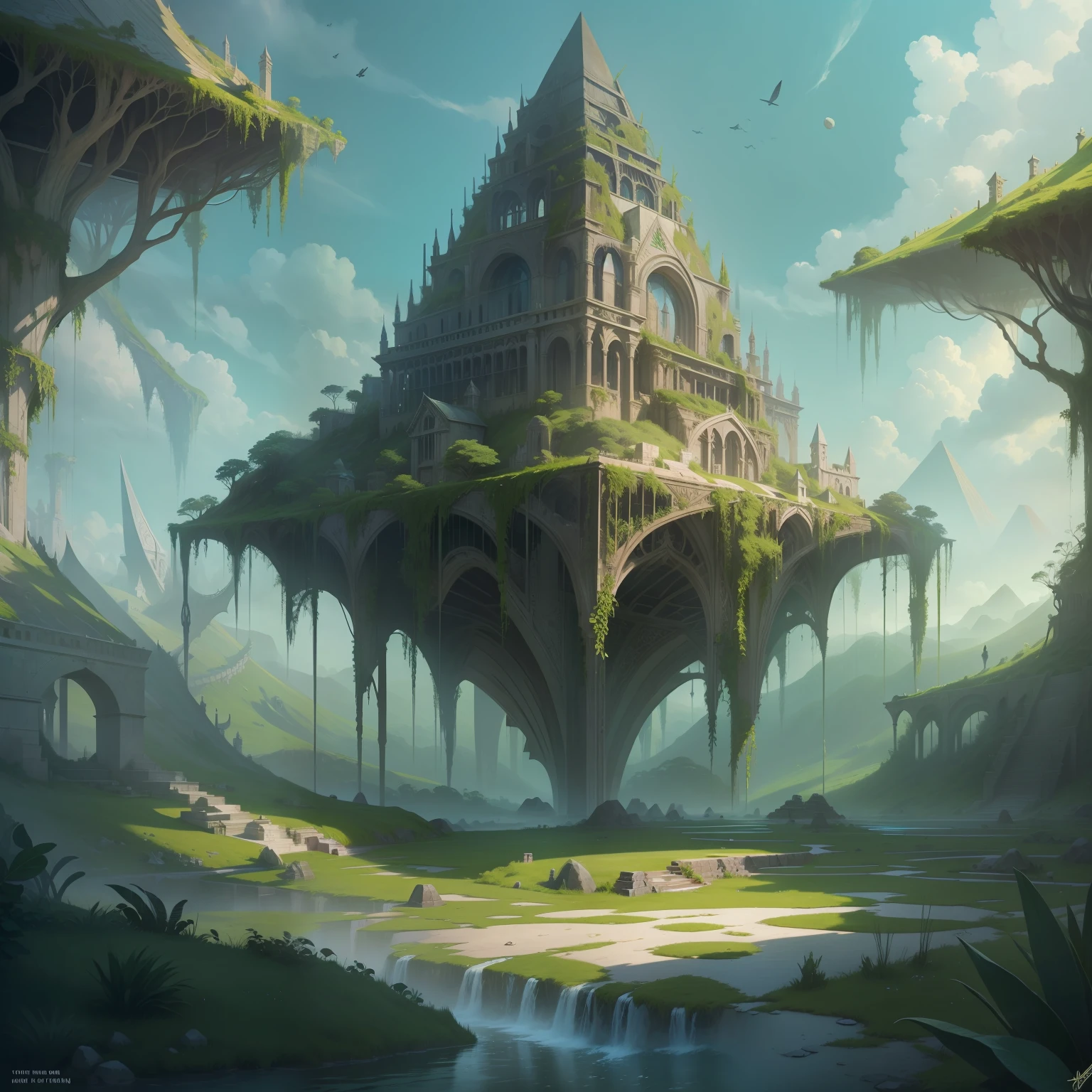 Inverted pyramid,Inverted triangle,Landscape concept art, Sky gardens, Ancient magic,overgrown ruins, fantasy architecture, Floating palace, environment design illustration, 8K, Elven architecture