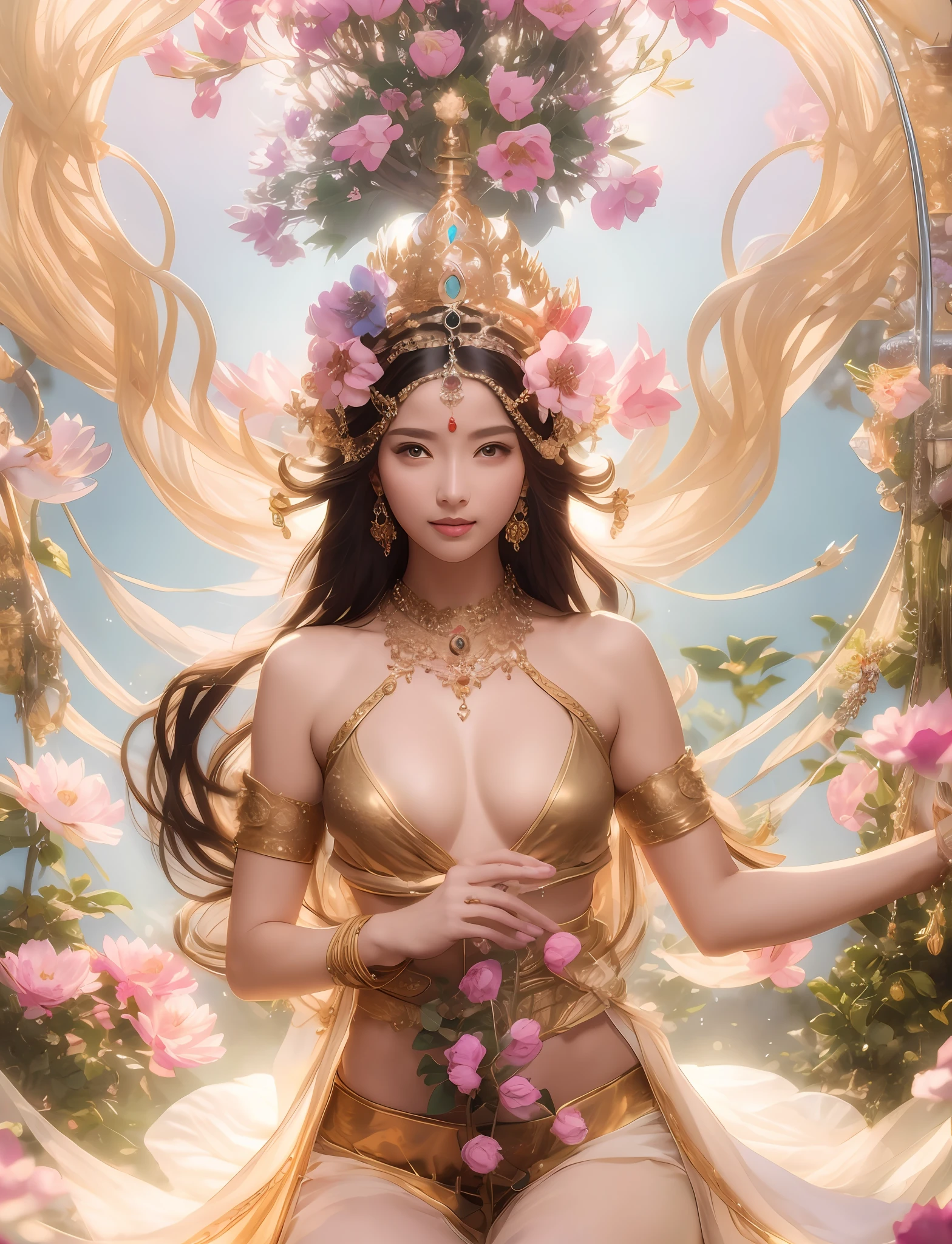 In the Garden of Heaven，The beautiful goddess wears a crown with flowers on it，Beautiful figure，The body shines，with fair skin，Dreamland Wonderland，