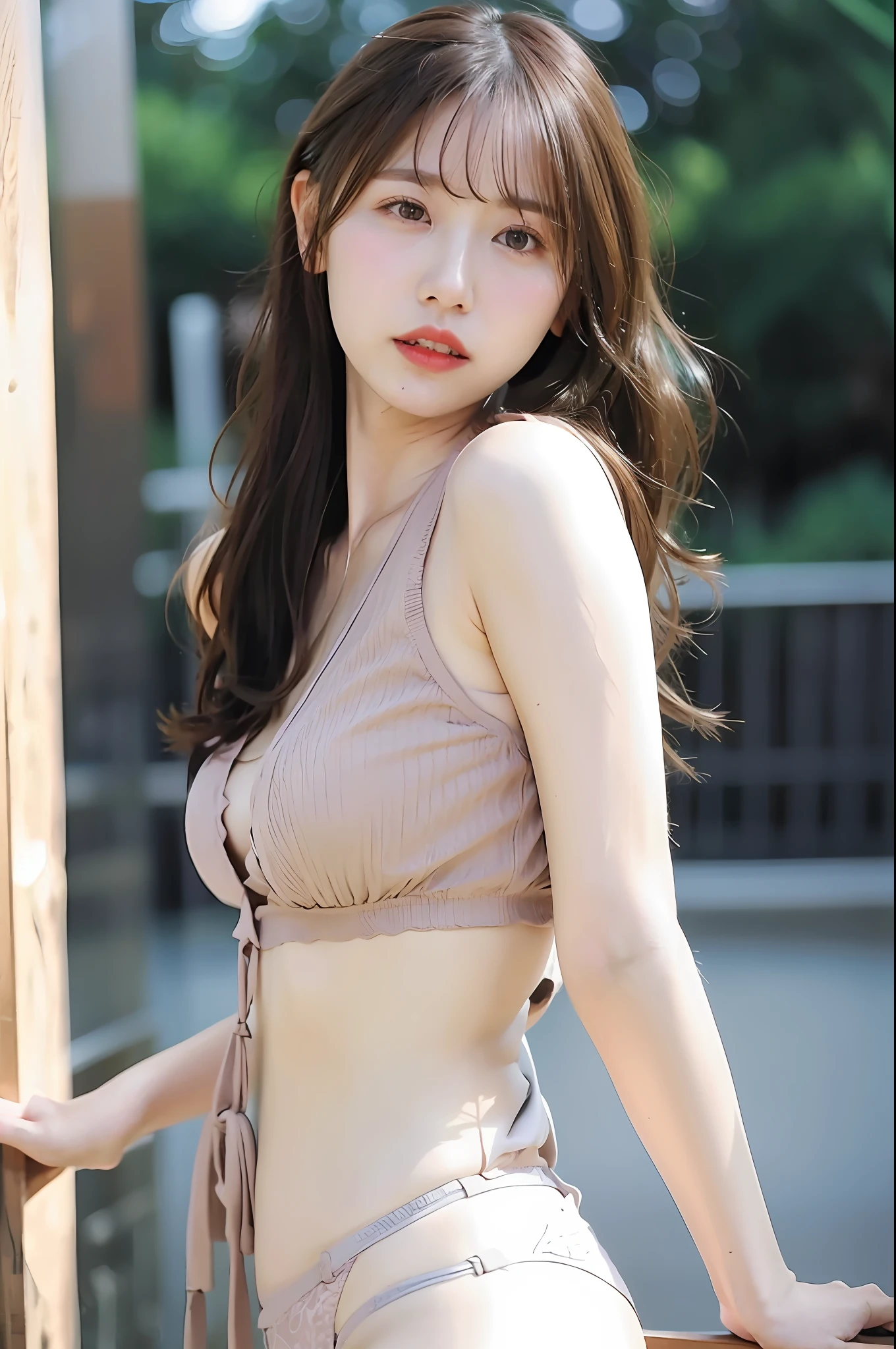 Mature mature young woman、Erotic underwear style、Super cute、Extreme close-up upper whole body、soft skin perfect face、gorgeous long wavy brown-haired、8K分辨率、A hyper-realistic、ultra-detailliert、hightquality、erotic beautiful immature lady wearing trendy underwear clothing at a Ranway、