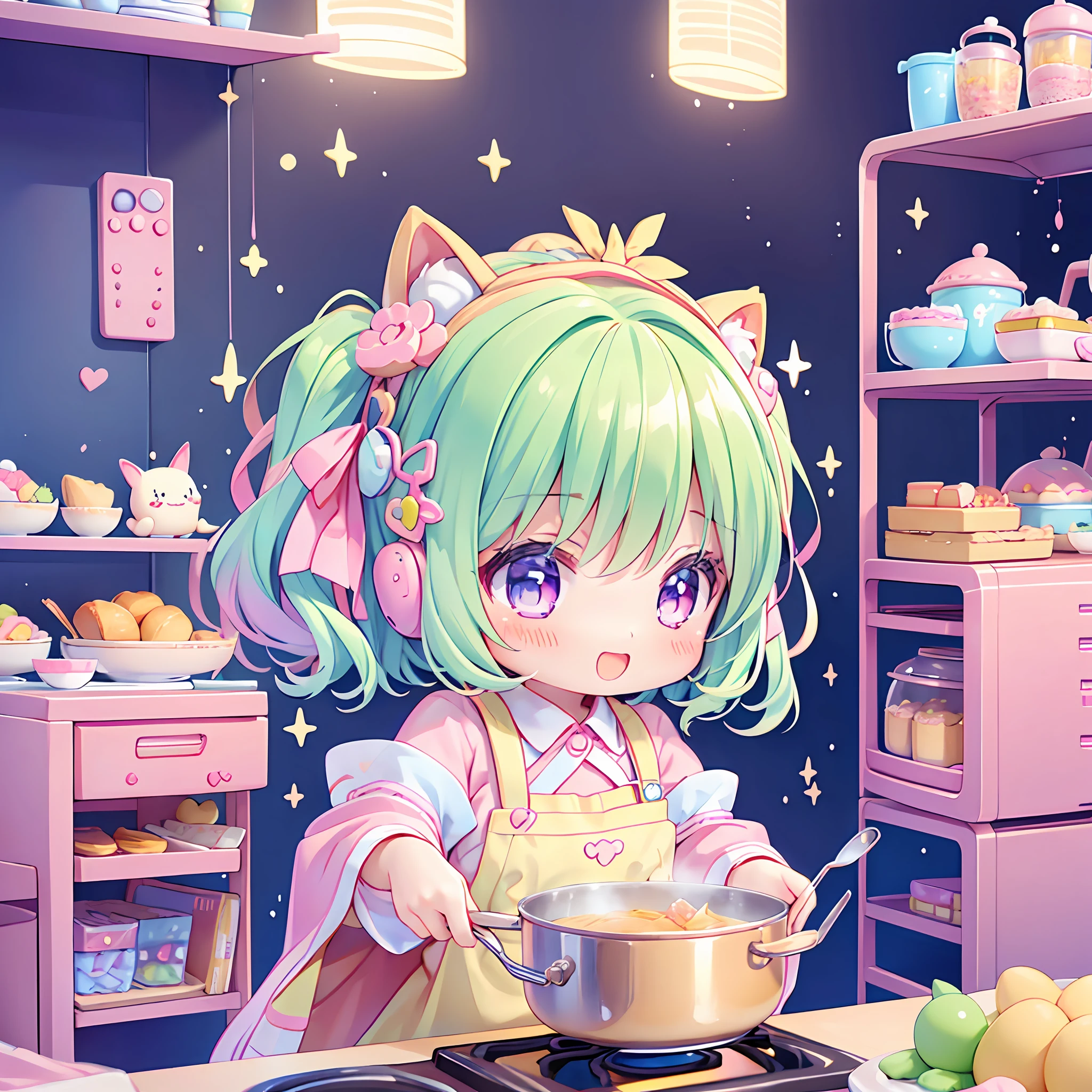 (chibi), cooking, kawaiitech, kawaii, cute, pastel colors, best quality, happy