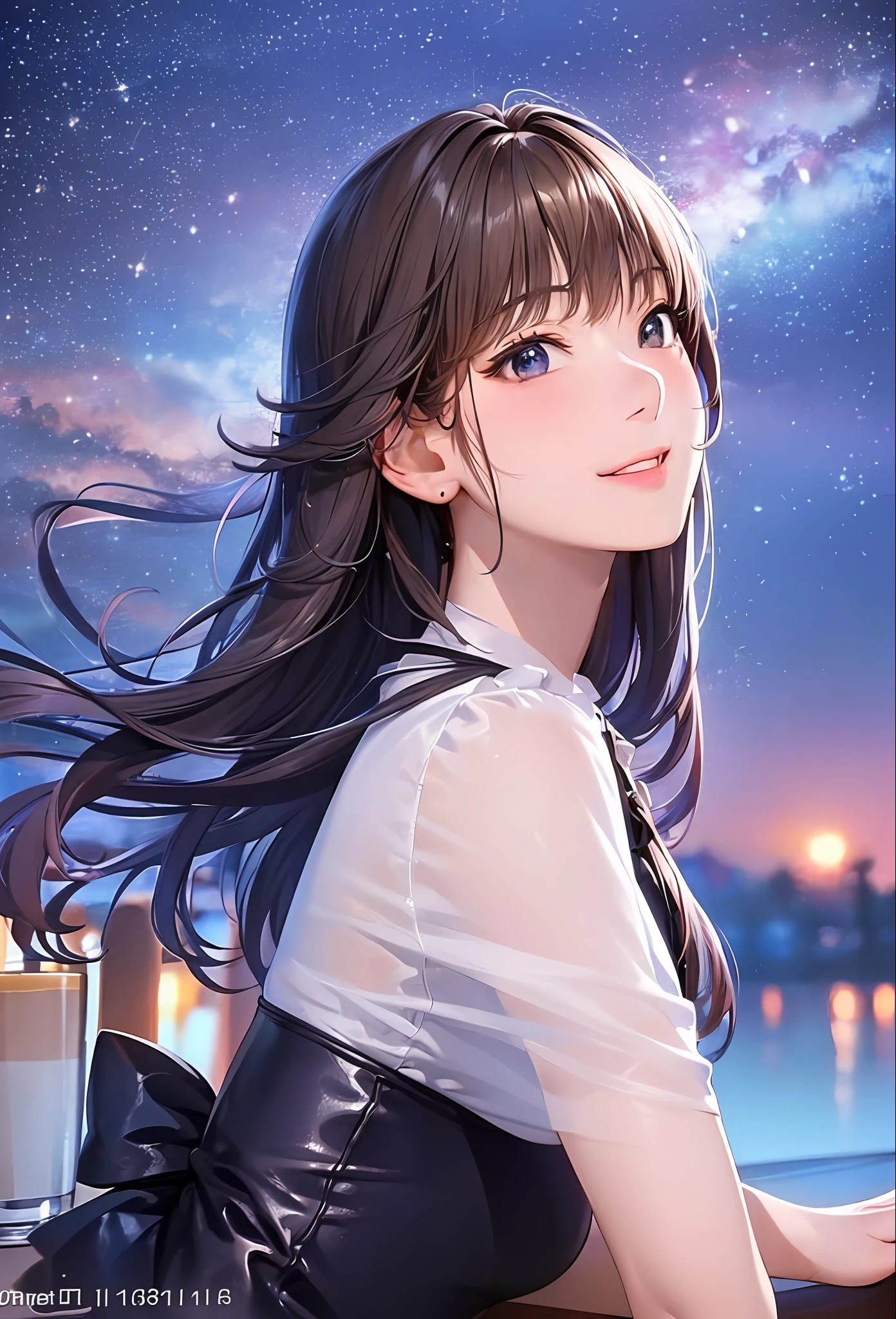 (8k, top quality, masterpiece: 1.2), (realistic, photorealistic: 1.37), super detailed, girl single, cute, solo, midnight, beautiful detailed sky, detailed café, sitting, date, (blush), (smile: 1.15), small breasts (mouth closed), beautiful fine eyes, floating hair NovaFrogStyle, back open dress