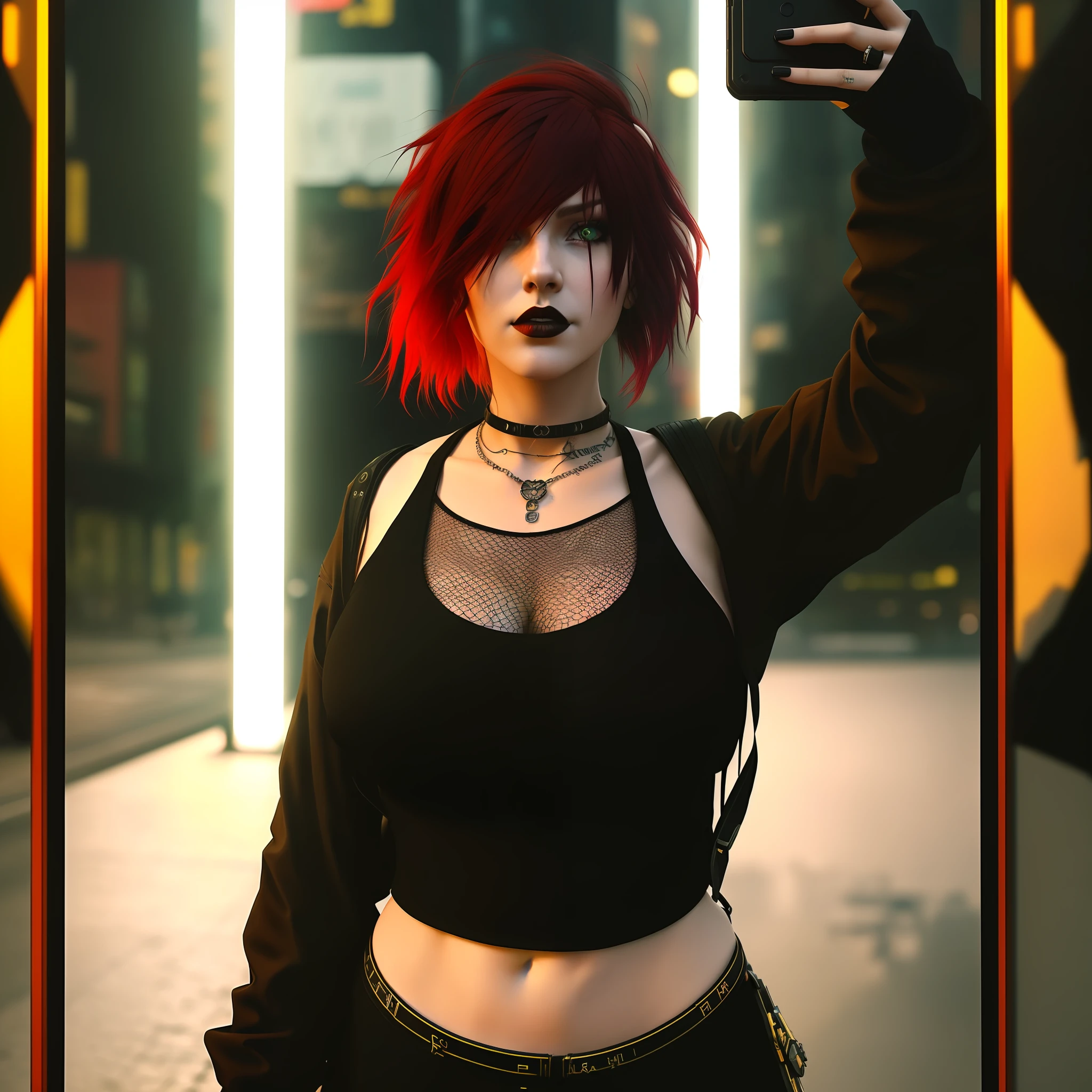 There's a woman with red hair taking a selfie, mall goth, vibe cyberpunk, in a cyberpunk setting, estilo cyberpunk hiper-realista, em cyberpunk city, roupa cyberpunk, olhar cyberpunk, em uma cidade cyberpunk, menina cyberpunk sonhadora, roupa estilo cyberpunk, Cyberpunk 2 0 e. o modelo menina, cyberpunk vibes, na empresa cyberpunk city, em cyber punk 2077