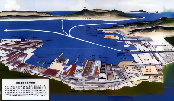 Map of Fushi city with a large amount of water, Nagasaki, shinkai, matoko shinkai, by Tsubasa Nakai, kantoku, by Ayako Rokkaku, Guantanamo Bay Prison, iwakura, harbour, Hashima, by Central Plains Nantianfang, harbour, Edo era