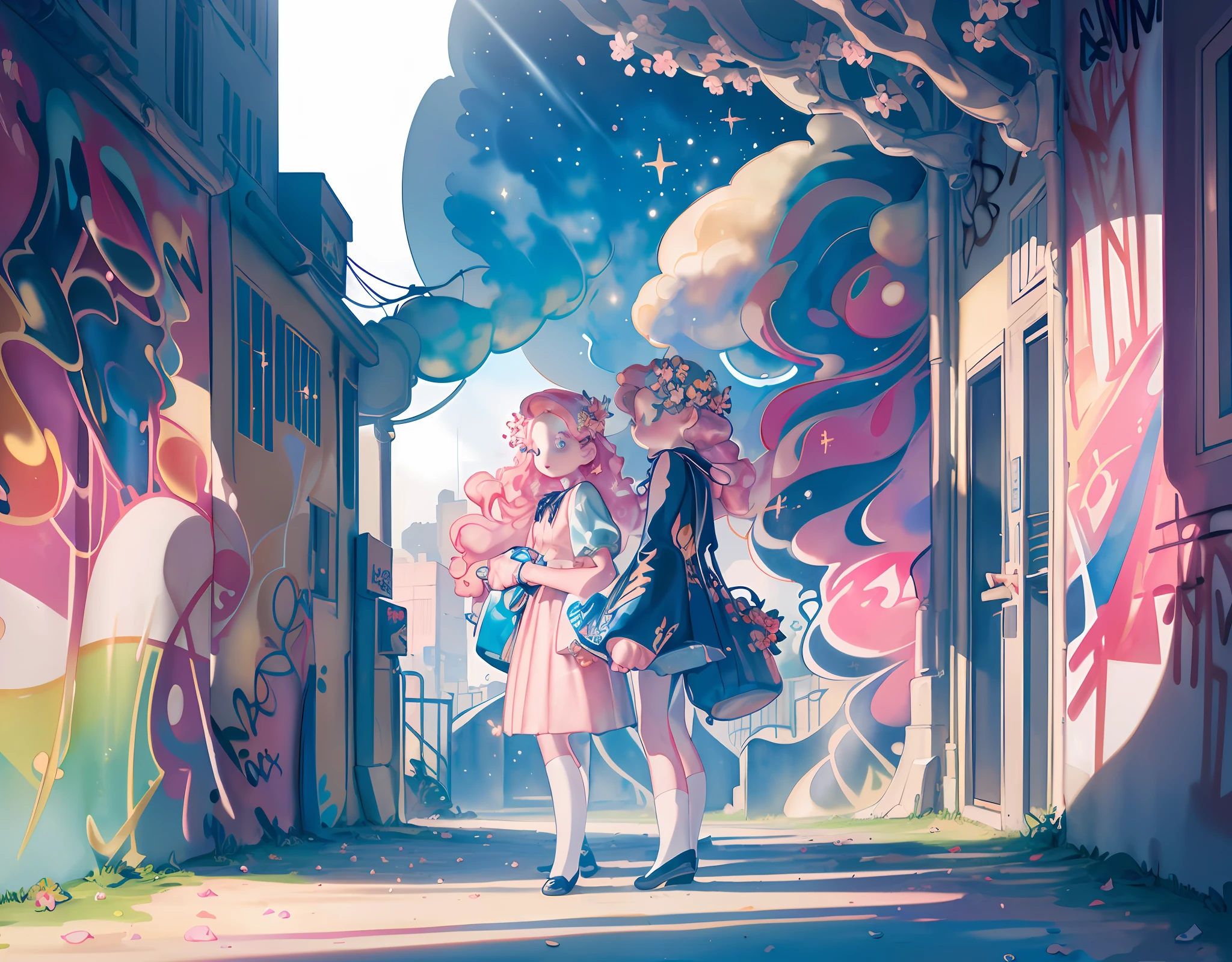 ((Gorgeous Starry Sky Background)), ((Super Detailed)), (Best Illustration), ((Cinematic Lighting)), Dynamic Angle, Floating, Fine, (Flash:1.2), (Sparkle:1.2), (Shine:1.2), Classic, (painting:1.1), (magical), (magic effect: 1.3), (glowing 1.2), (radiance: 1.2), (dazzle: 1.2) (Very detailed 8k wallpaper) complex, high detail, dramatic, 8k, ((masterpiece, super detailed, complex detail, medium quality, illustration)), solo, high resolution, street, cherry tree, petals falling, sunlight through), (extremely detailed CG, super fine, Best shadows: 1.1), ((Depth of field)), ((Watercolor)), flowers and petals, Beautiful concept illustration, (Illustration: 1.1), in city, (graffiti:1.7), street art, intricate beautiful graffiti