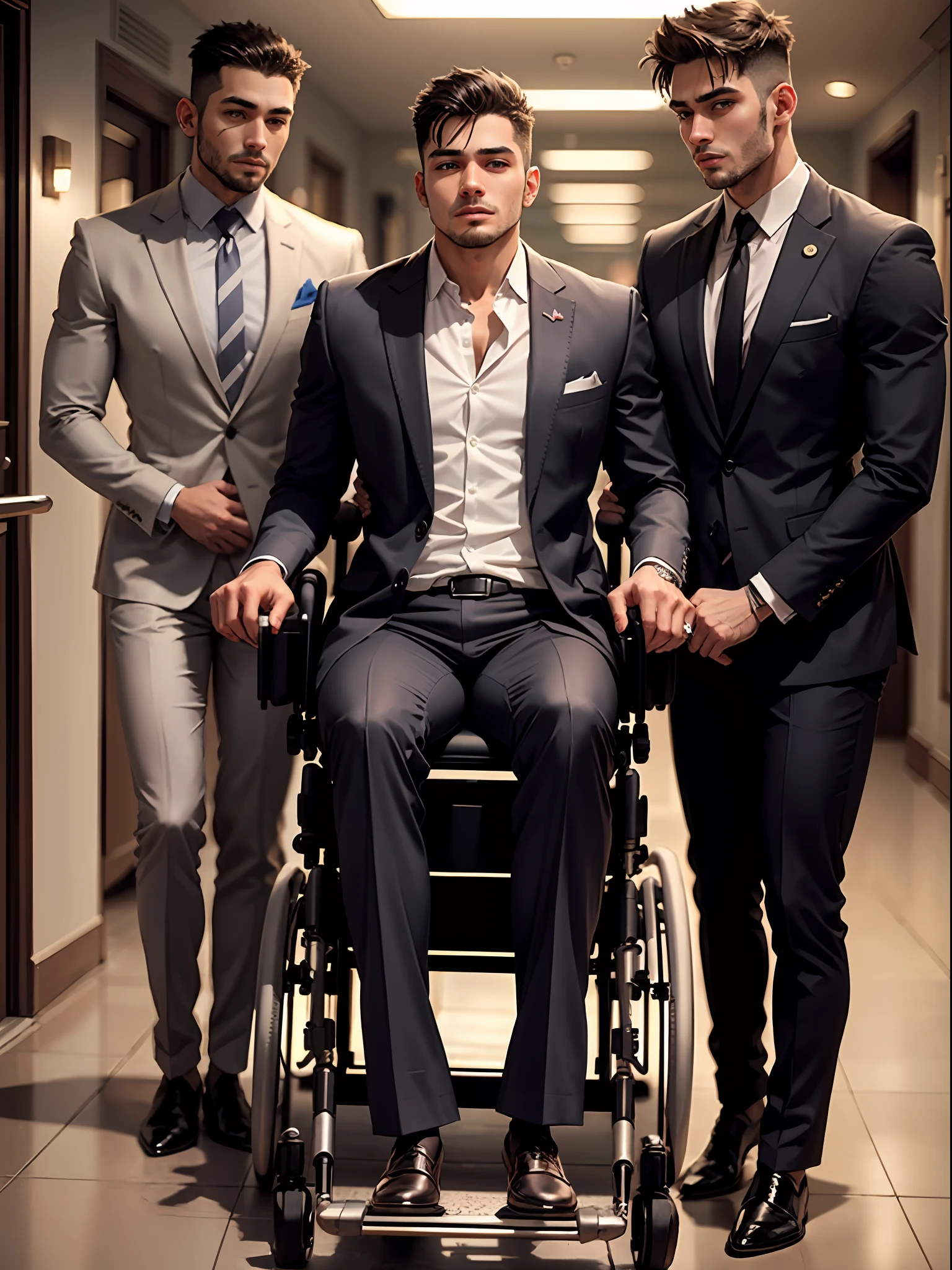 Real Human，Handsome guy in suit wheelchair，Both brothers are in wheelchairs，height is 180 cm，Quadriplegia，Loss of sensation below the chest，Life cannot take care of itself，Young and handsome，Slim figure，The older brother wears a striped suit，The younger brother wears a casual suit --auto