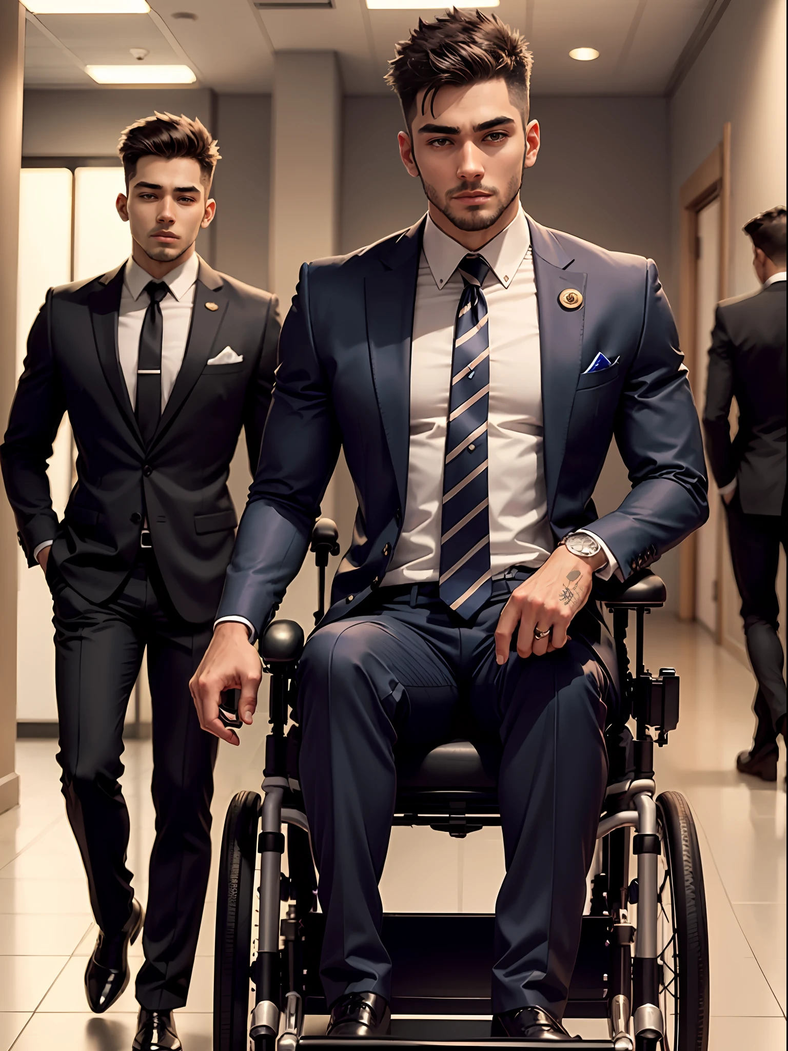 Real Human，Handsome guy in suit wheelchair，Both brothers are in wheelchairs，height is 180 cm，Quadriplegia，Loss of sensation below the chest，Life cannot take care of itself，Young and handsome，Slim figure，The older brother wears a striped suit，The younger brother wears a casual suit --auto