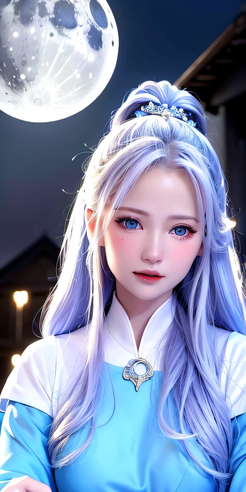 masterpiece, (best quality:1.2), (ultra-detailed:1.2), illustration, (an extremely delicate and beautiful:1.2),cinematic angle,floating, (beautiful detailed eyes:1.1), (detailed light:1.1),cinematic lighting, beautifully detailed sky, women, white hair, blue eyes, (high ponytail:1.1), cloak, glowing eyes, (moon:1.2), (moonlight:1.1), starry sky, (lighting particle:1.1), fog, snow painting, sketch, bloom, beauty face