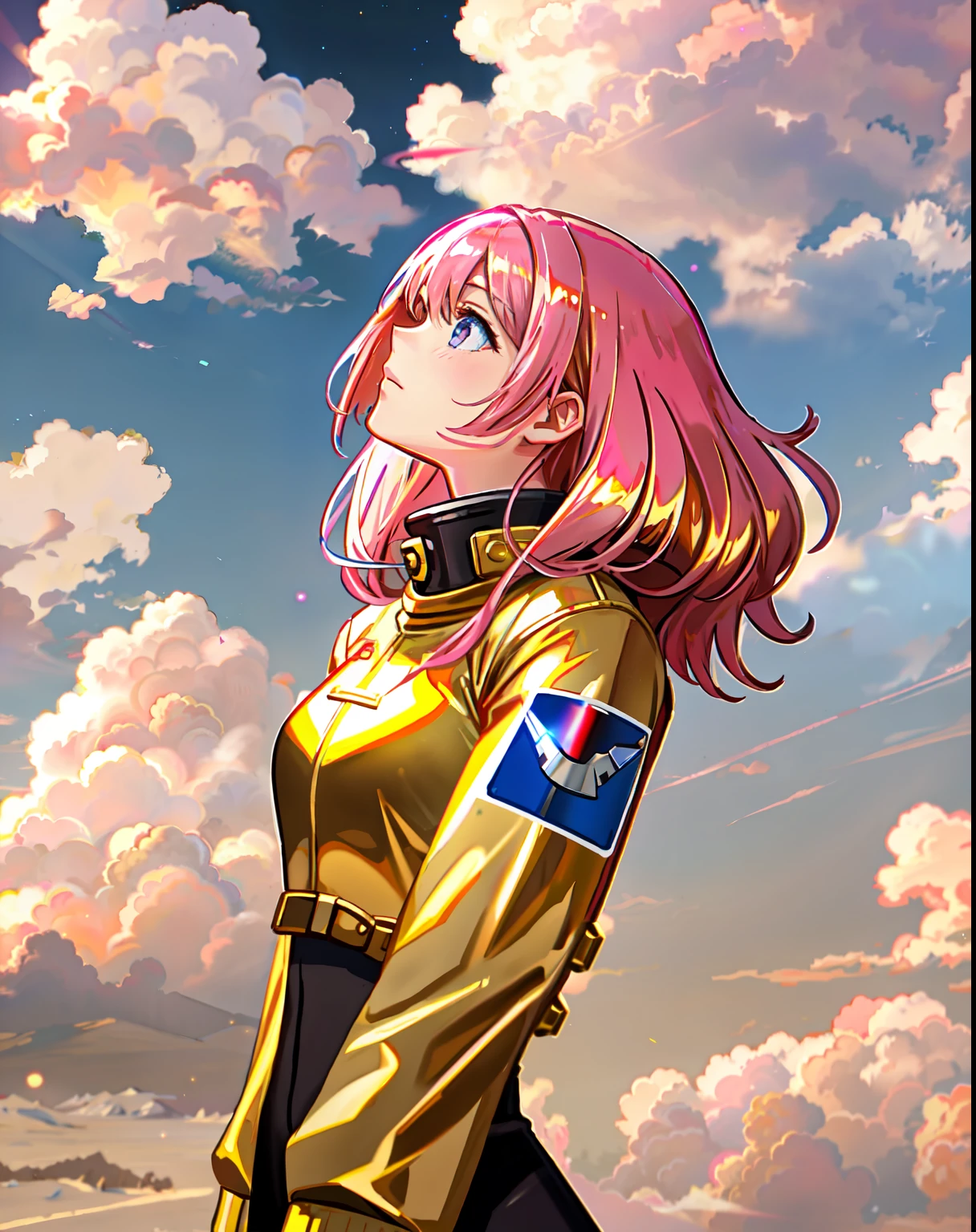 space cadet girl, ((chrome golden suit)), pink clouds, landscape