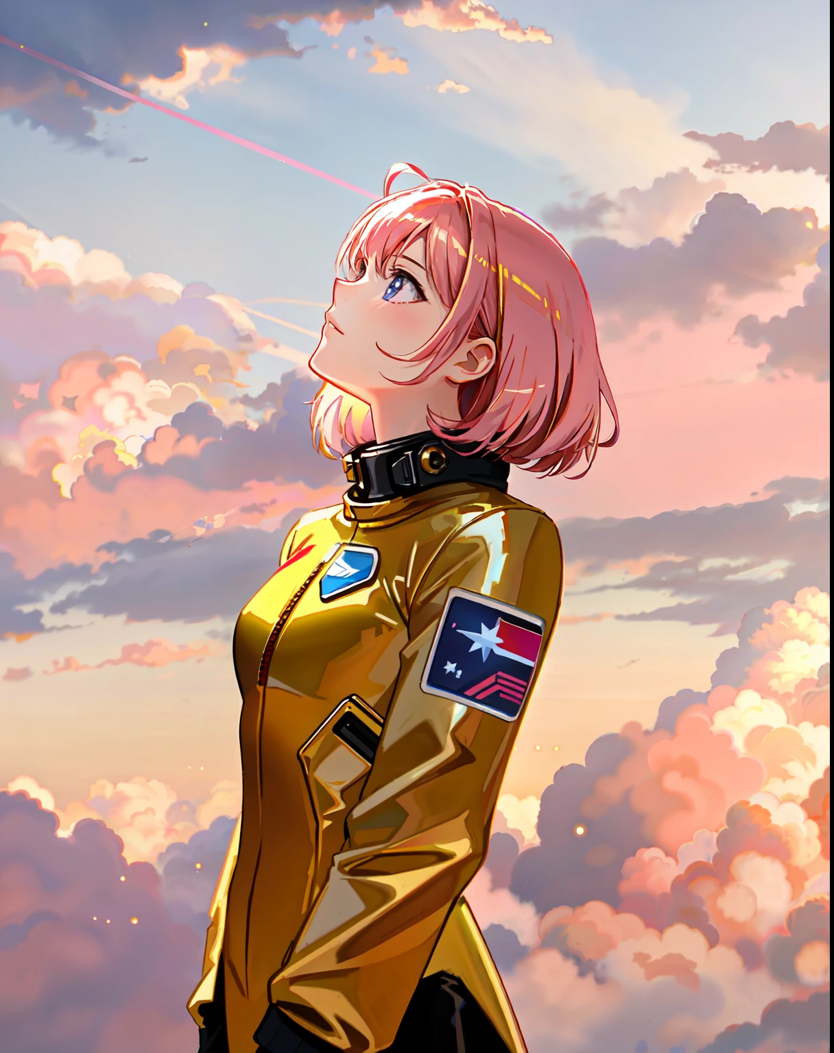 space cadet girl, ((chrome golden suit)),  pink clouds, landscape