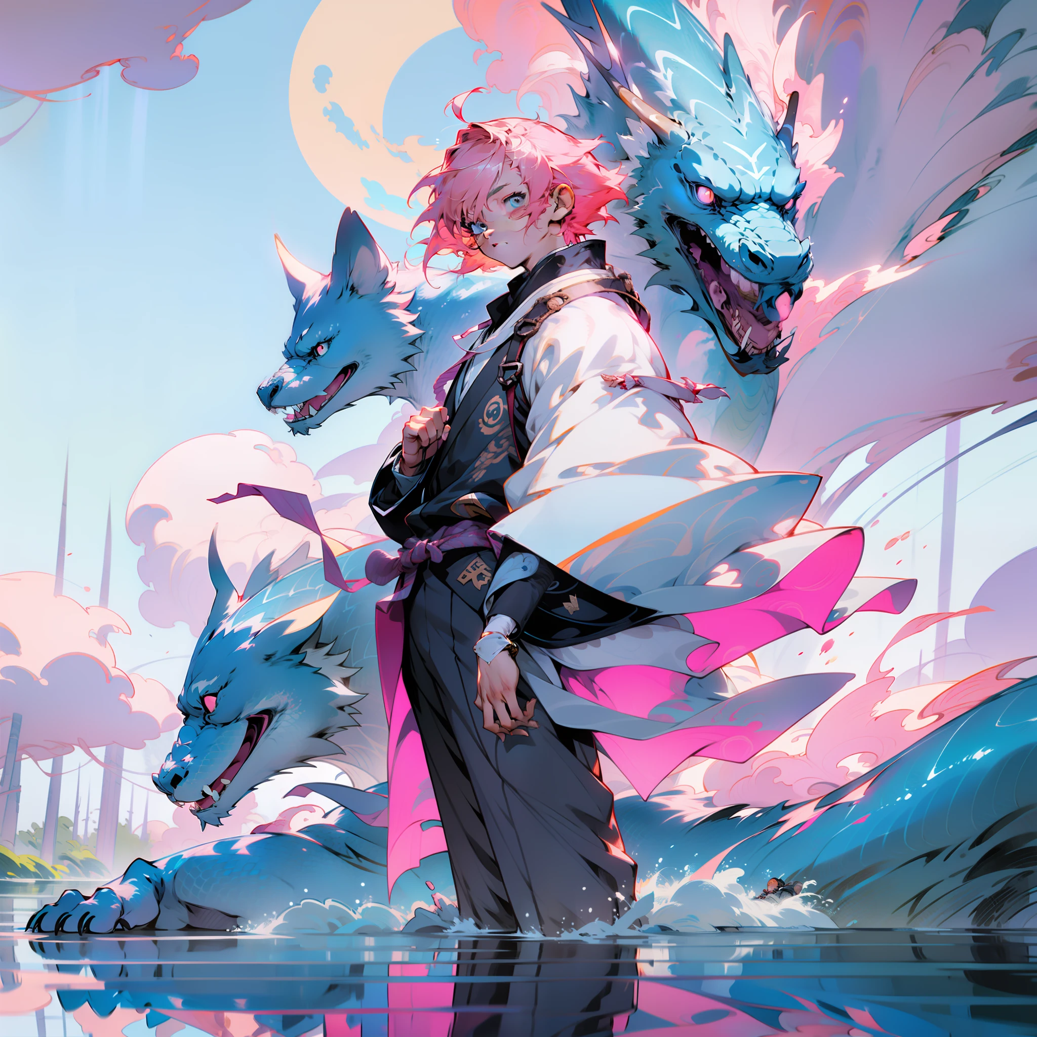Illustration style,Anime characters,Full body like,Full body illustration,baby pink hair,short detailed hair,Handsome man,bookbag,River side,rays of moonlight