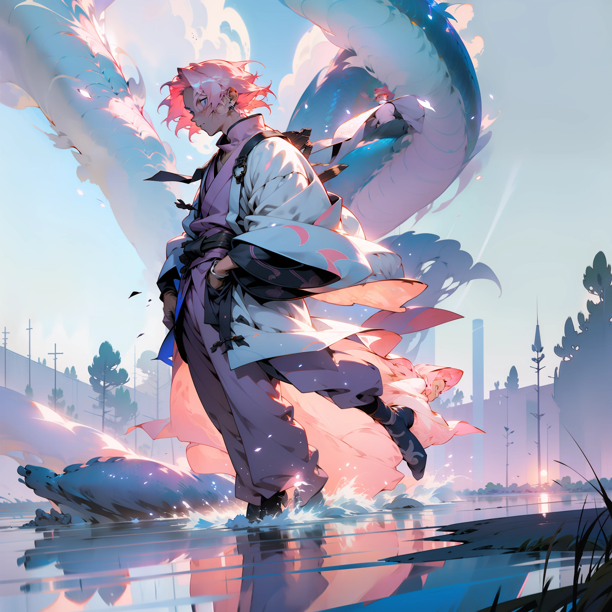 Illustration style，Anime characters，Full body like，Full body illustration，baby pink hair，short detailed hair，Handsome man，bookbag，River side，rays of moonlight